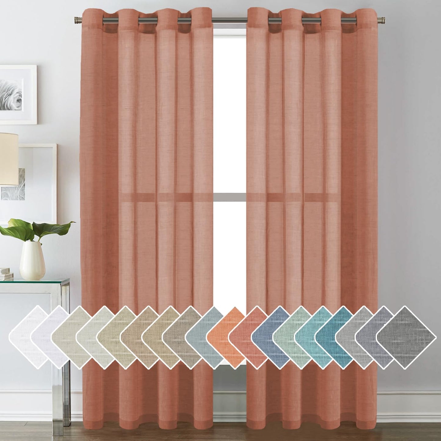 H.VERSAILTEX Natural Linen Sheer Curtains Flax Linen Blended Curtain Panels Living Room, Nickel Grommet Semitransparent Semi-Sheer Soft Privacy Drapes, Natural, 84 inches Long 2 Panels