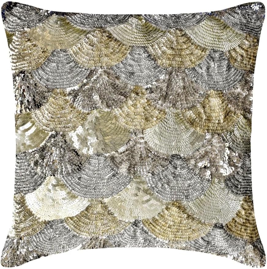 HomeCentric Silver Faux Leather Pearl Leaves Pillow, 24x24 inch, Silk, Contemporary Floral - Silver Beauty