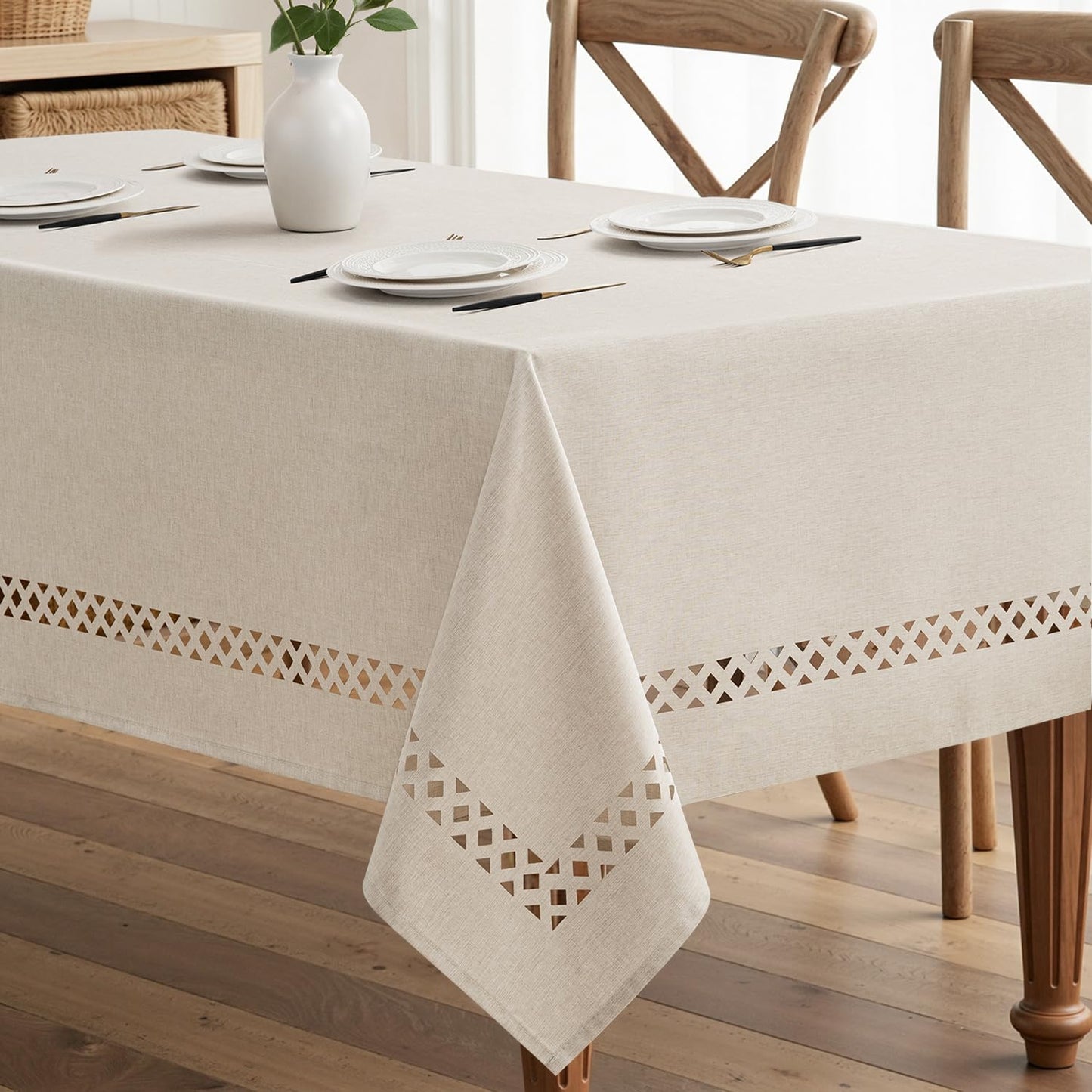 MIULEE Beige Rectangle Tablecloth with Decorative Cutouts 52x70 Inch | Waterproof Stain Resistant & Shrink-Proof Table Cloth, Farmhouse Style, for Dining Wedding Kitchen Party Outdoor