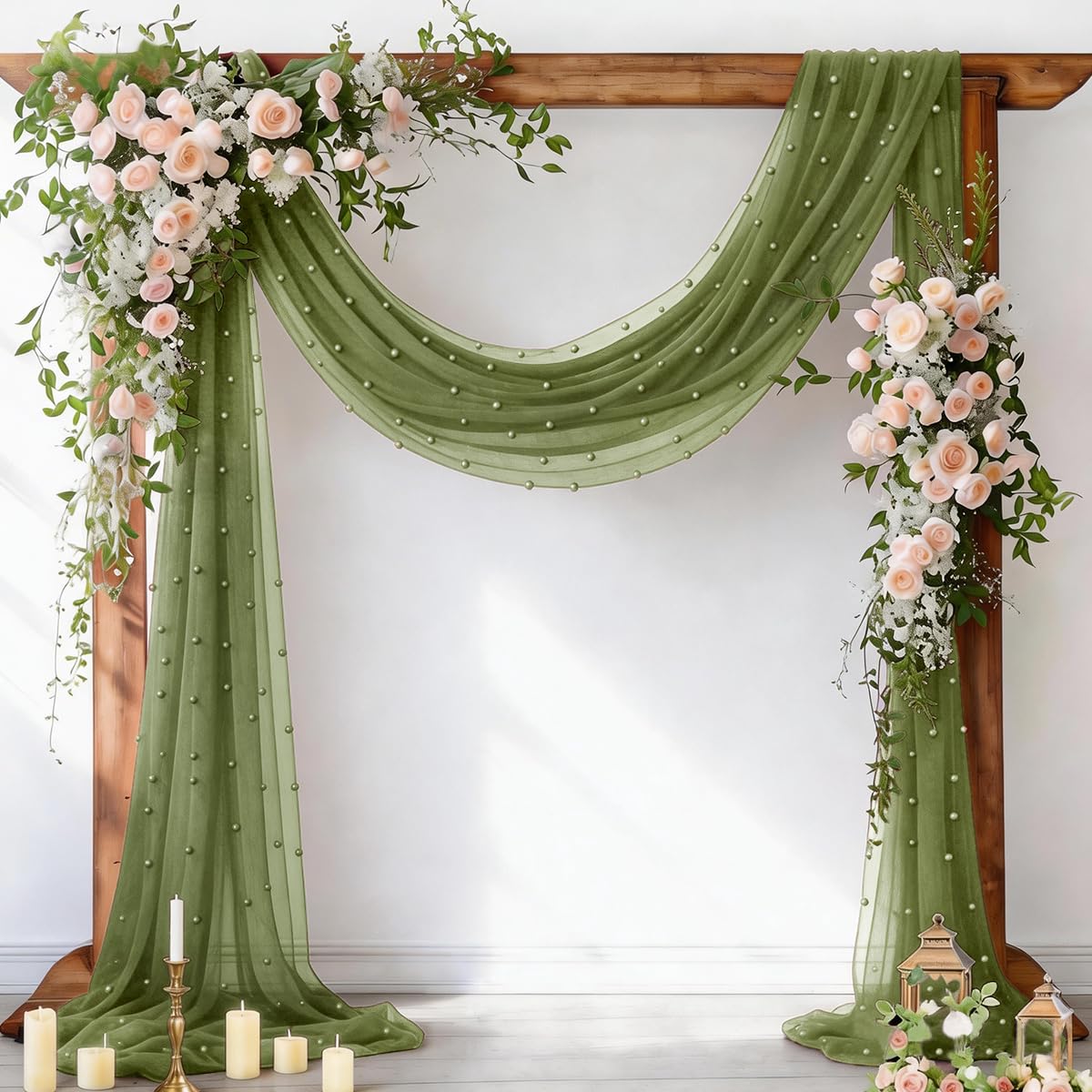 Pearl Table Runner Gauze Sheer 19FT Wedding Draping Fabric Decor | Sage Green Summer Tulle Chiffon Arch Outdoor Drapes Long Curtain for Birthday Party Baby Shower Bridal Engagement Decor