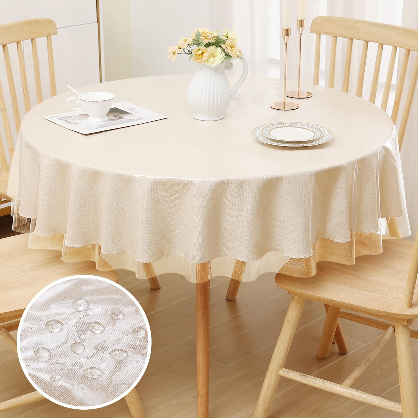 Smiry Rectangle Table Cloth 60x84 Inch, Waterproof Wipeable Vinyl Tablecloths Protector, Oil Spill Proof Plastic Table Cover for Dining, Picnic, Camping, Outdoor, Beige
