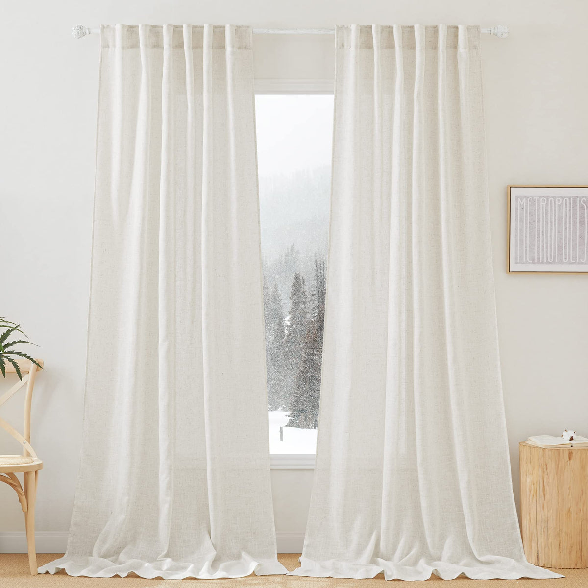 RYB HOME White Sheer Curtains for Living Room Patio Glass Door, W52 x L95 | Linen Texture, Light Filtering Privacy, Airy Translucent, Back Tab, Bedroom Office Balcony, W52 x L95, 2 Panels