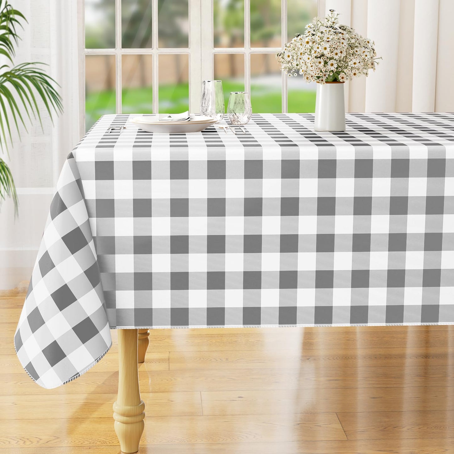 Rectangle Waterproof Vinyl Table Cloth, Buffalo Flannel Backed Tablecloth, Wipeable Plastic Table Cover for Dinner, Kitchen, Outdoor (60" x 84", Black and White)
