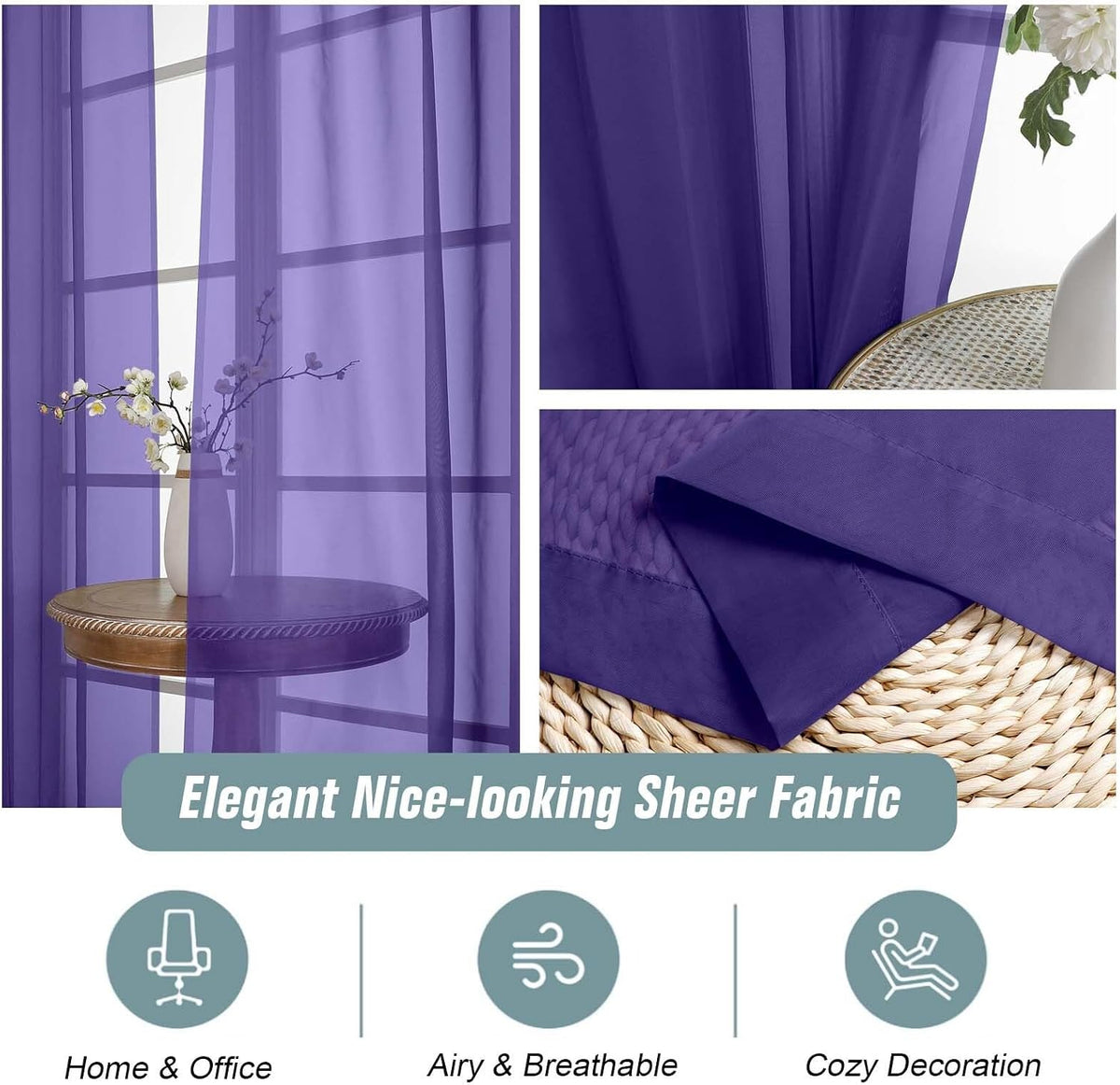 Purple Window Sheer Curtains 54 inch Length, Soft Airy Light Filtering Sheer Curtain 2 Panels Set, Dual Rod Pocket Gauze Purple Drapes for Living Room Bedroom, 2x42Wx54L Inches