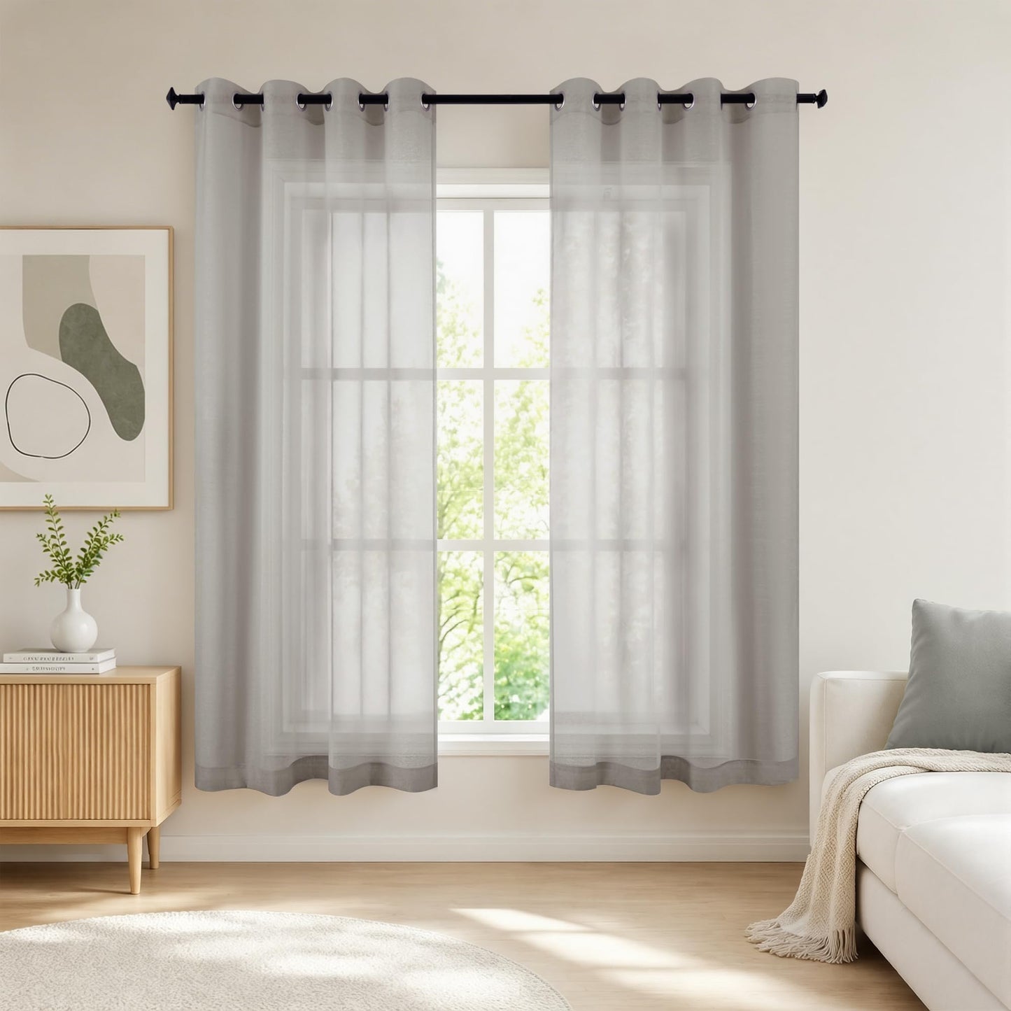 White Sheer Curtains 84 Inches Long Set 2 Panels Grommet Pair Faux Linen Semi Transparent Drape Tulle Gauze Voile Window Sheer Curtains for Bedroom Living Room Dining Wide 52 Length Solid Pack