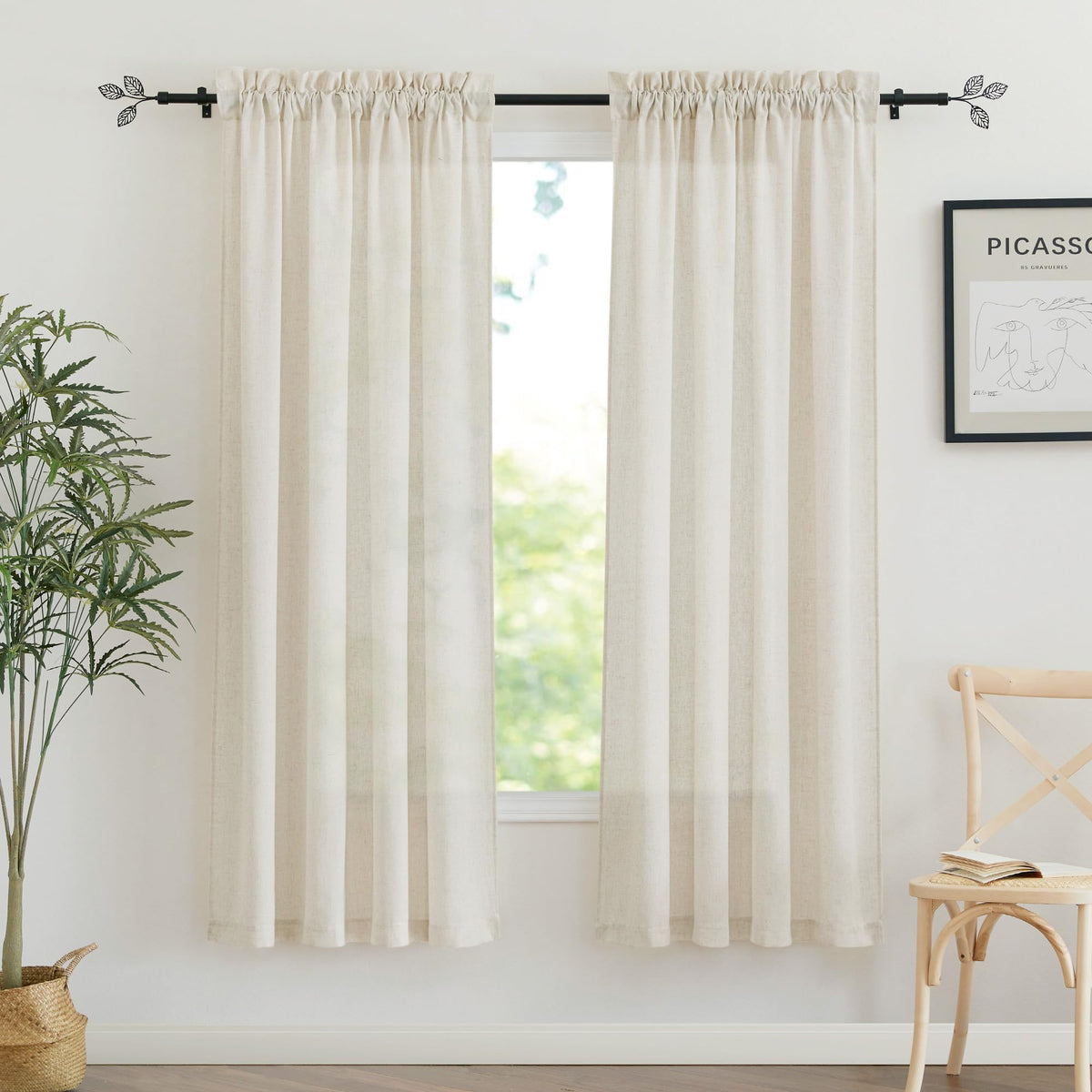 RYB HOME White Semi Sheer Curtains 84 inches Long for Living Room | Half Privacy, Linen Textured, Sheer Light Filtering, Vertical Window Drapes, for Bedroom Dining, White, W52 x L84, 2 Panels