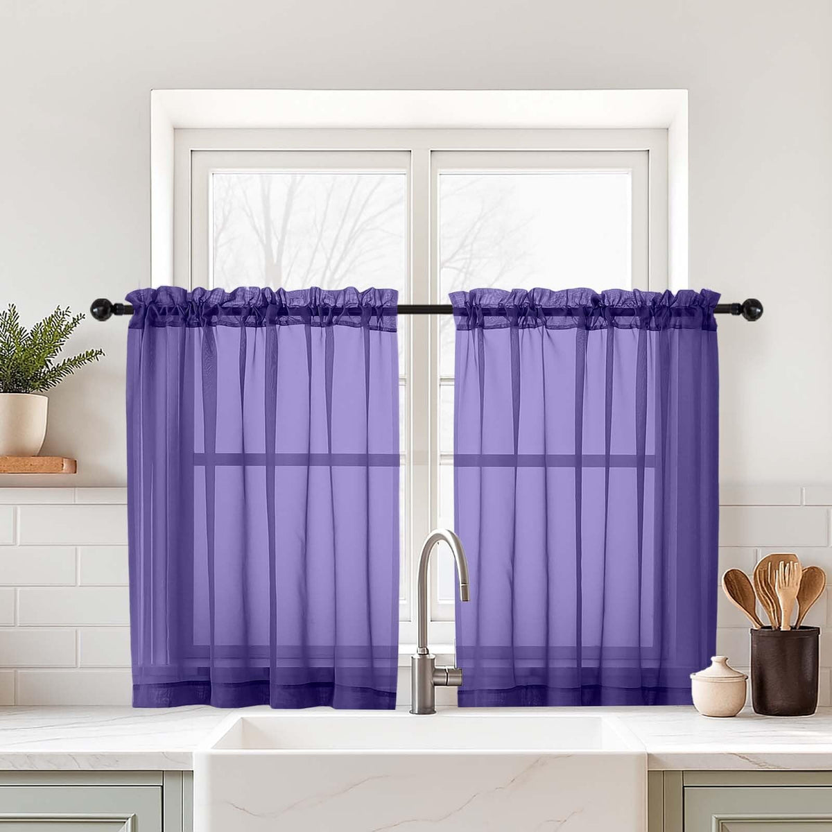 Purple Window Sheer Curtains 54 inch Length, Soft Airy Light Filtering Sheer Curtain 2 Panels Set, Dual Rod Pocket Gauze Purple Drapes for Living Room Bedroom, 2x42Wx54L Inches