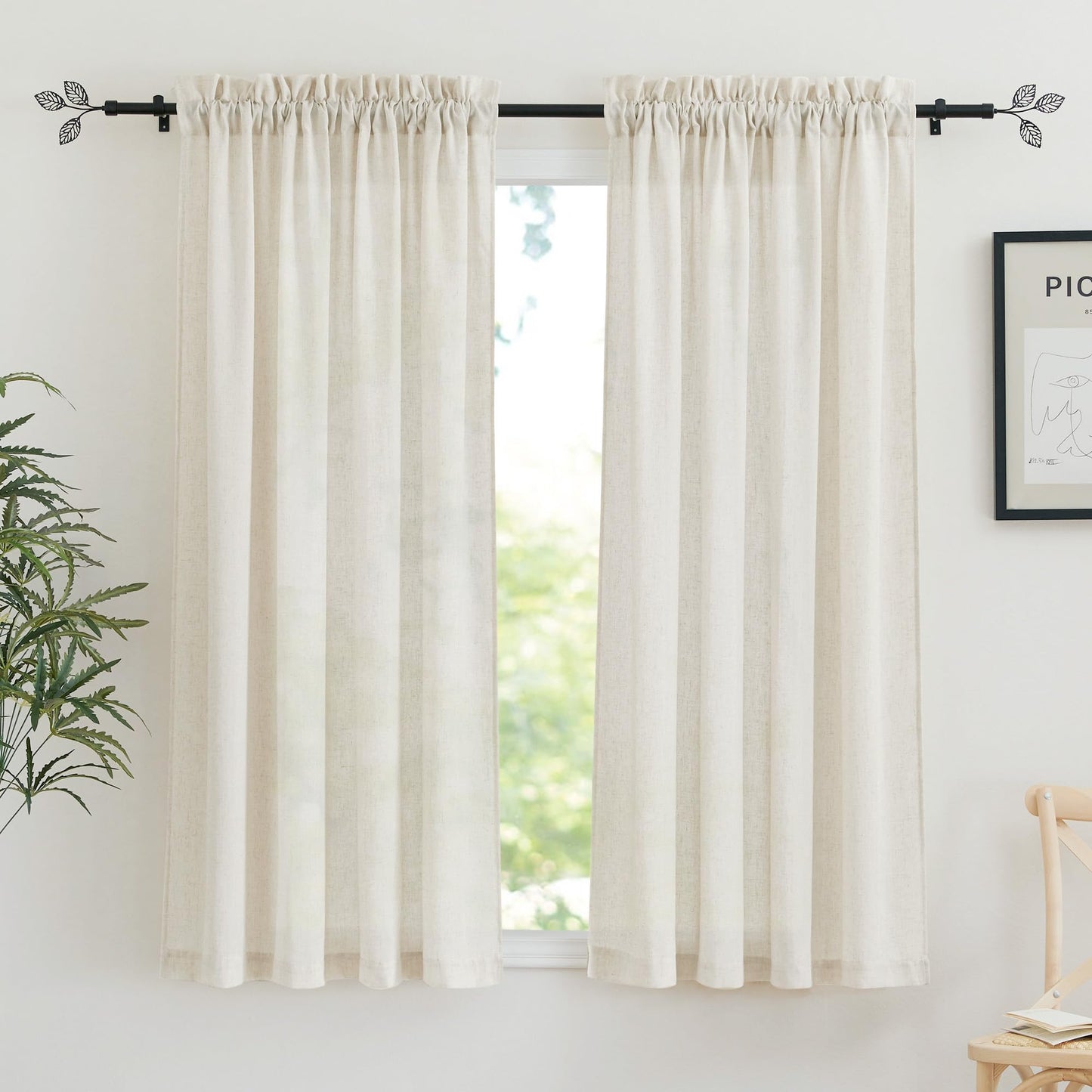 RYB HOME White Semi Sheer Curtains 84 inches Long for Living Room | Half Privacy, Linen Textured, Sheer Light Filtering, Vertical Window Drapes, for Bedroom Dining, White, W52 x L84, 2 Panels