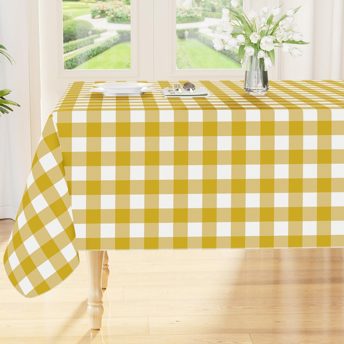Smiry Picnic Table Cloth, Vinyl Tablecloths with Flannel Backing, 60"x84" | Waterproof Rectangle Table Cloth, Wipeable Buffalo Plaid Table Cover for Indoor and Outdoor (Khaki & White)