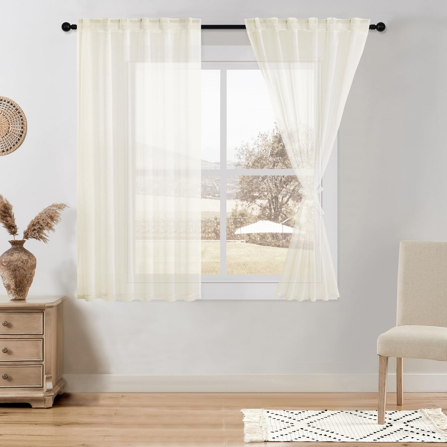 DWCN White Faux Linen Sheer Curtains, 2 Panels, 52x84 Inch | Faux Linen Textured Curtains with Rod Pocket & Back Tab, Semi Voile Light Airy Gauzy Privacy Drapes for Living Room Bedroom