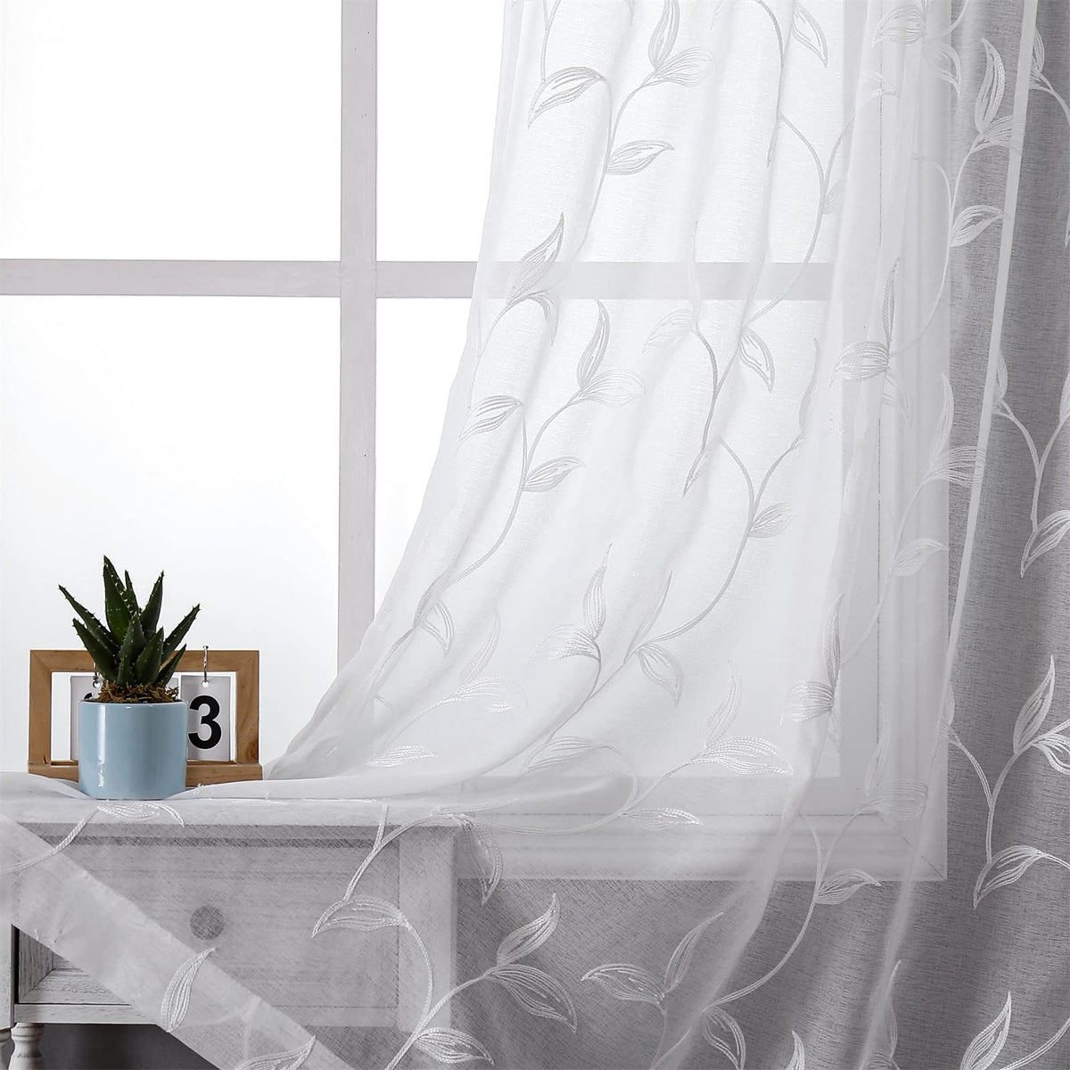 Sheer Curtains Boho Leaf Floral Embroidered Cream Beige 54Wx84L | Light Filtering Semi Sheer Voile Curtains With Design, Rod Pocket Window Drapes for Bedroom Living Room 2 Panels
