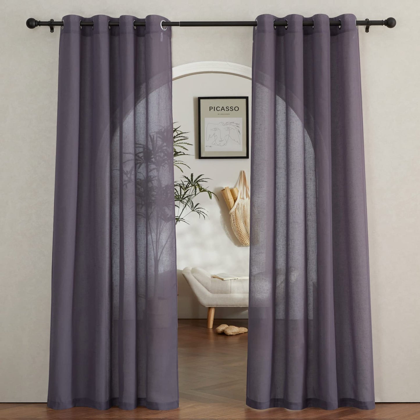 NICETOWN White Sheer Linen Curtains for Living Room 84 inch Length 2 Panels Set, Grommet Semi Sheer Privacy with Light Filtering Flax Window Treatments for Bedroom, W52 x L84