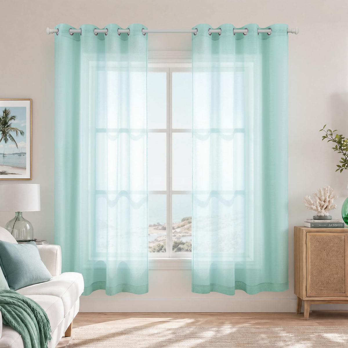 White Sheer Curtains 84 Inches Long Set 2 Panels Grommet Pair Faux Linen Semi Transparent Drape Tulle Gauze Voile Window Sheer Curtains for Bedroom Living Room Dining Wide 52 Length Solid Pack