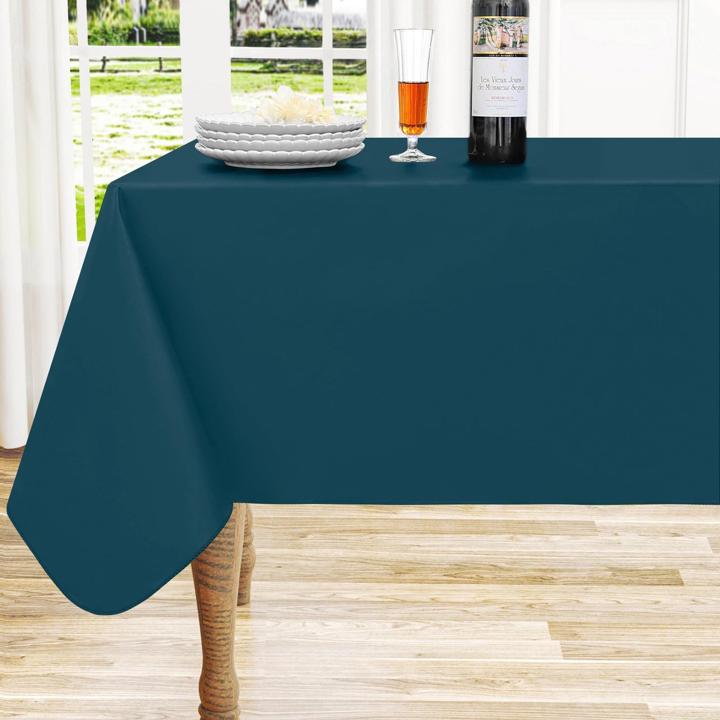 Round Navy Blue Vinyl Waterproof Tablecloth with Flannel Backed | Spillproof Wipe Clean Table Cloth, Plastic Flannel Backing for Dining, Buffet Parties Picnic Camping, 60"