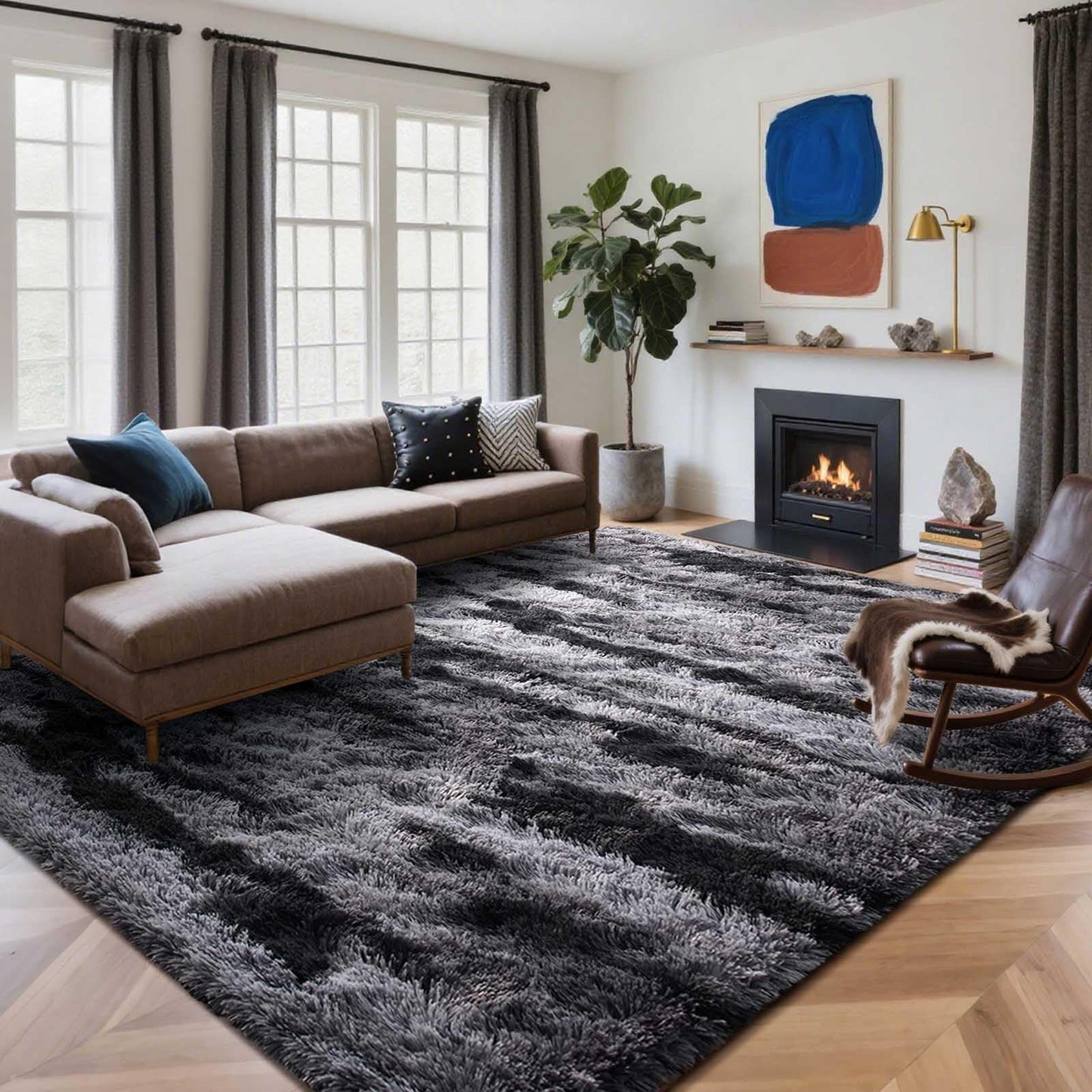 6x9 Ft Large Shag Rugs for Living Room Decor, Tie-Dyed Ultra Soft Fluffy Furry Area Rugs for Bedroom Indoor Floor, Aesthetic Carpet for Kids Home (Dark Grey)