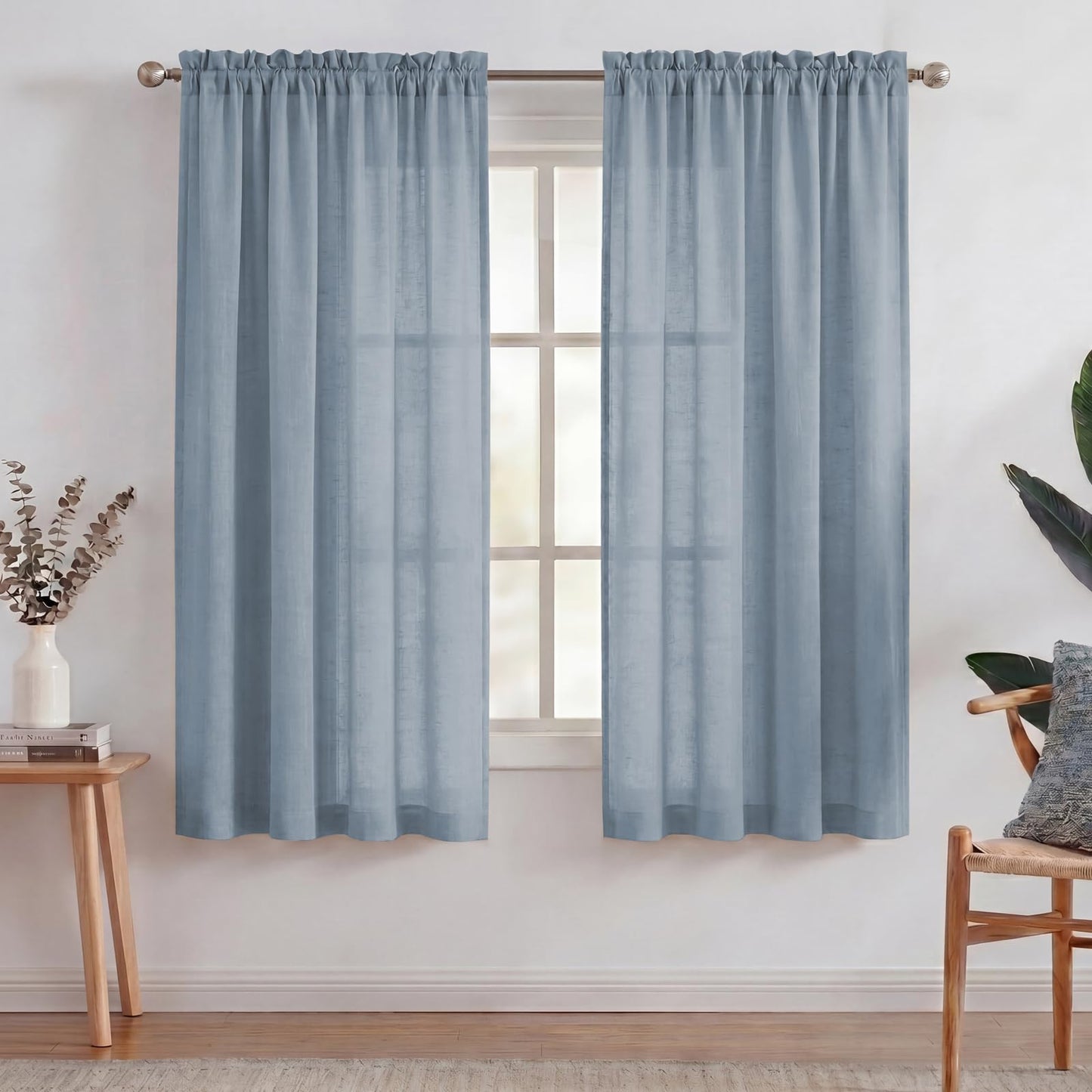 Turquoize White Linen Curtains 96 Inches Long Semi Sheer Curtains Light Filtering Linen Drapes for Living Room/Bedroom 2 Panels Set Rod Pocket Window Treatments Panels,W52 x L96, White