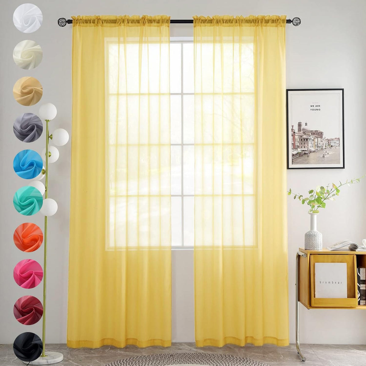 youleyar Solid Sheer Rod Pocket Curtain Voile Draperies 2 Panels White Beige Black Grey Coffee 52 Inch Width 84 Inch Long 1 Pair for Kitchen Bedroom Children Living Room Yard (Ivory,52W ｘ 84L)