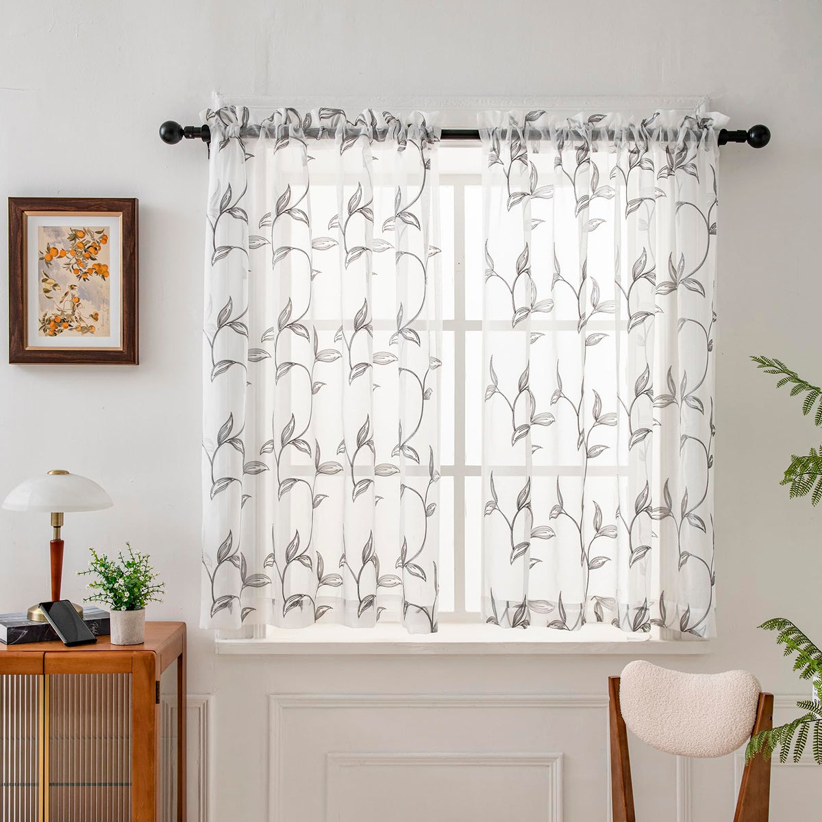 Sheer Curtains Boho Leaf Floral Embroidered Cream Beige 54Wx84L | Light Filtering Semi Sheer Voile Curtains With Design, Rod Pocket Window Drapes for Bedroom Living Room 2 Panels