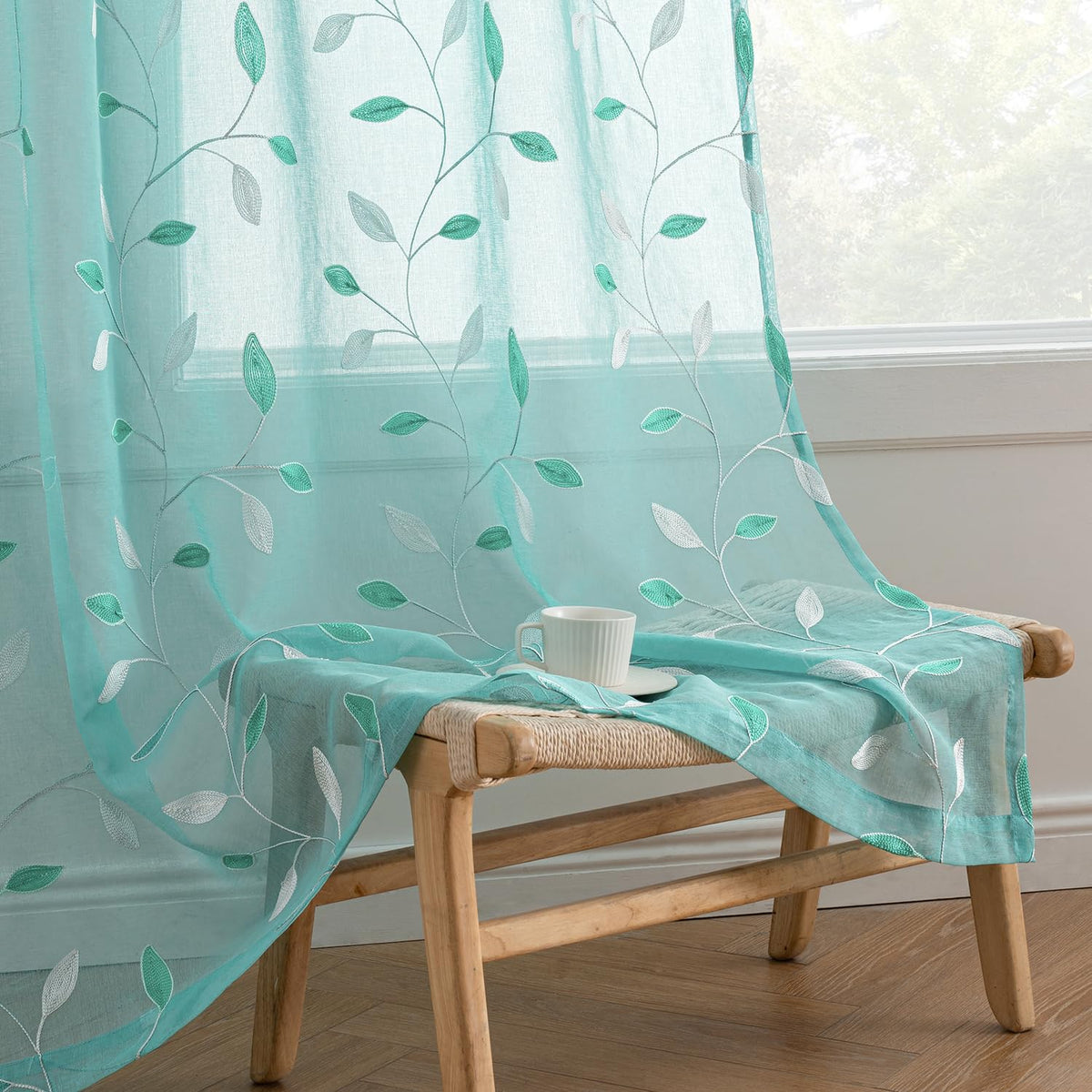 MIULEE Sage Green Sheer Curtains 2 Panels Leaf Patterned, W52 x L84 | Embroidered Floral Semi Sheer,Rod Pocket,Faux Linen,Short Window Curtains Drapes Set for Kitchen/Bathroom/Cafe