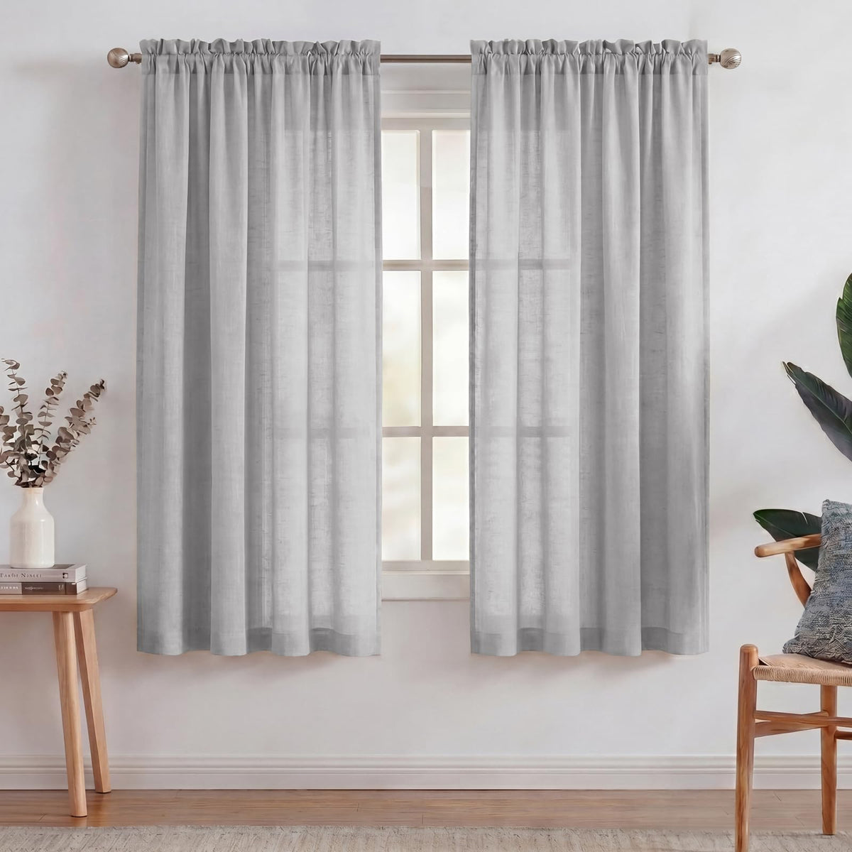 Turquoize White Linen Curtains 96 Inches Long Semi Sheer Curtains Light Filtering Linen Drapes for Living Room/Bedroom 2 Panels Set Rod Pocket Window Treatments Panels,W52 x L96, White