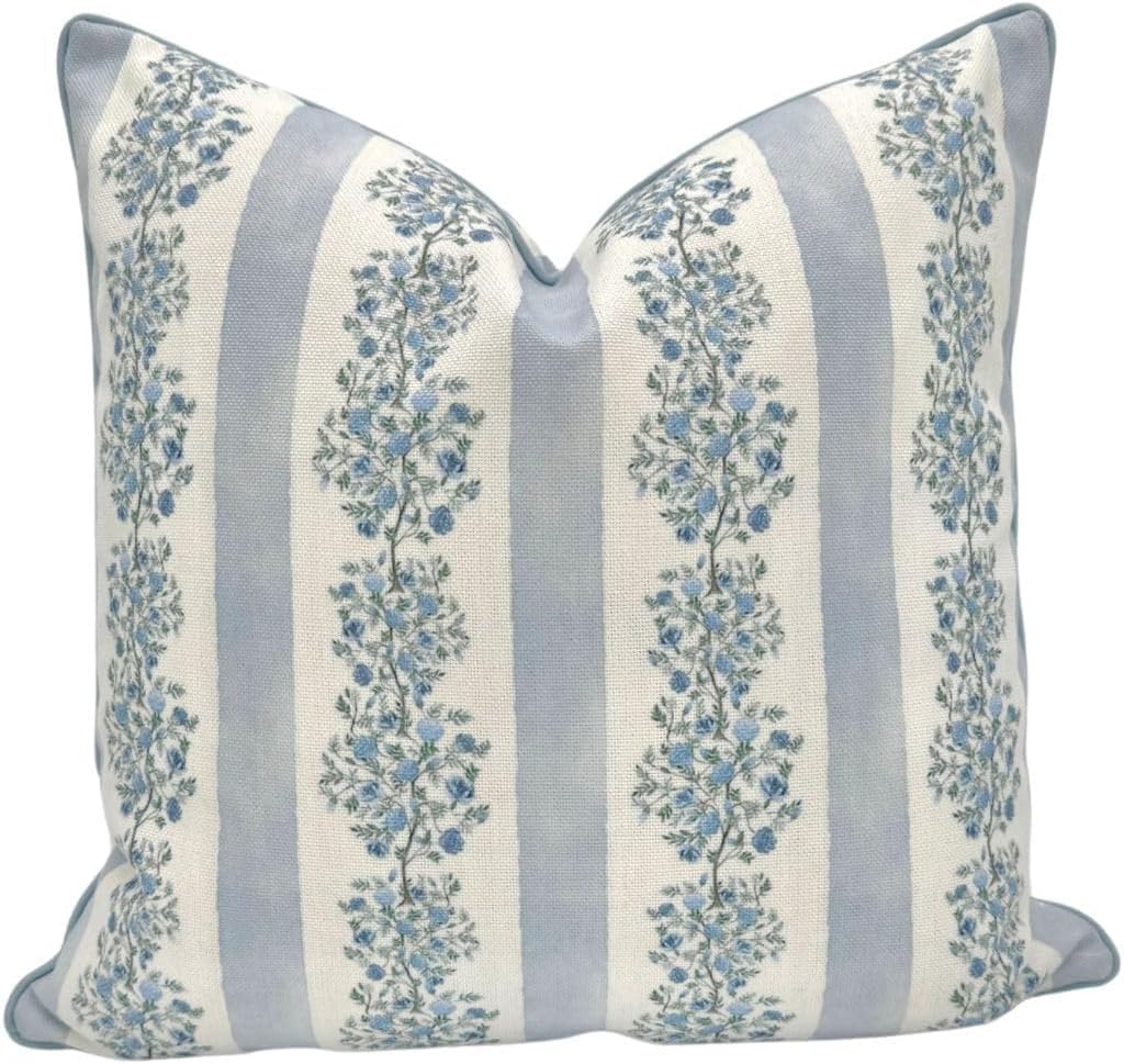 “The Camille” Floral Block Print Pillow Cover – Soft Blue and White Decorative Throw Pillow Cover – Grandmillennial Home Decor, 20" x 20"