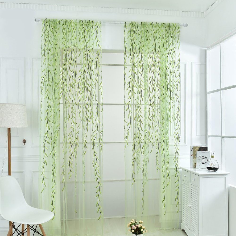 Ufurty 2pcs Willow Leaf Window Curtain Voile Tulle Vine Sheer Curtains | Room Salix Leaf Sheer Gauze Panel Drapes Green Color for Living Room, Bedroom, Balcony