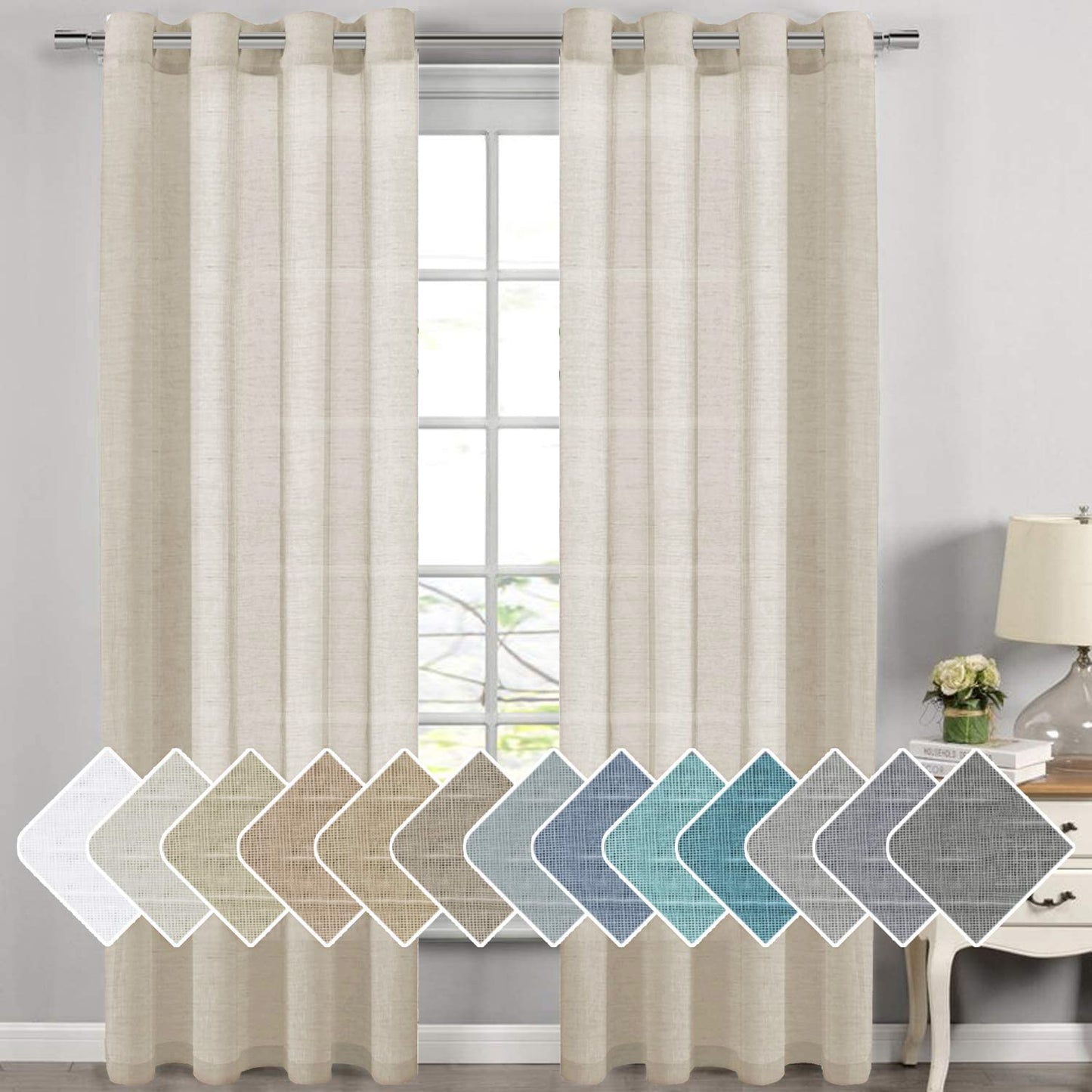 H.VERSAILTEX Natural Linen Sheer Curtains Flax Linen Blended Curtain Panels Living Room, Nickel Grommet Semitransparent Semi-Sheer Soft Privacy Drapes, Natural, 84 inches Long 2 Panels