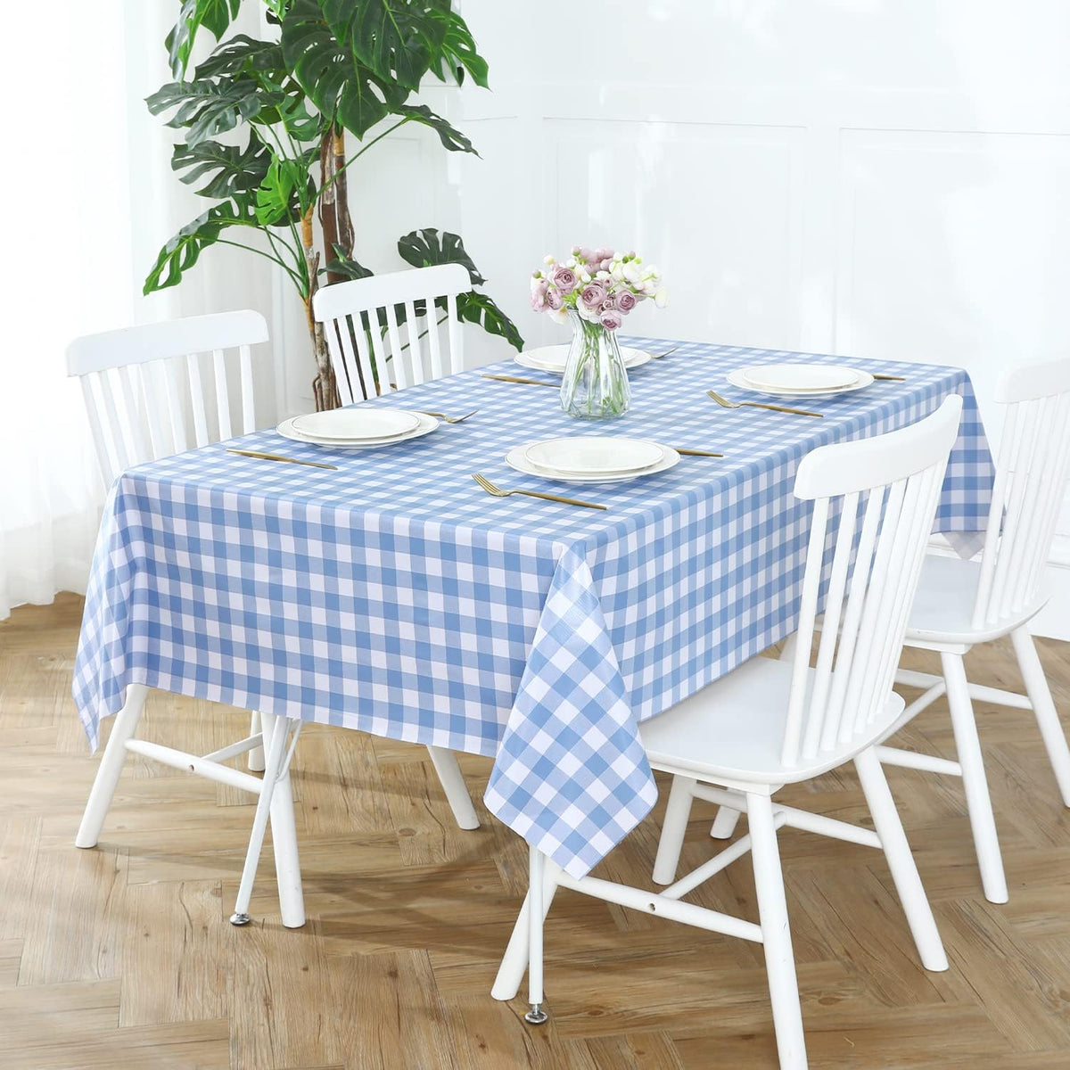 Romanstile Rectangle Vinyl Tablecloth, 100% Waterproof Buffalo Gingham Plastic Table Cloth, Heavy Duty Wipeable Checkered Table Covers for Outdoor, Camping, Picnic, Patio - 54 x 78, Light Blue