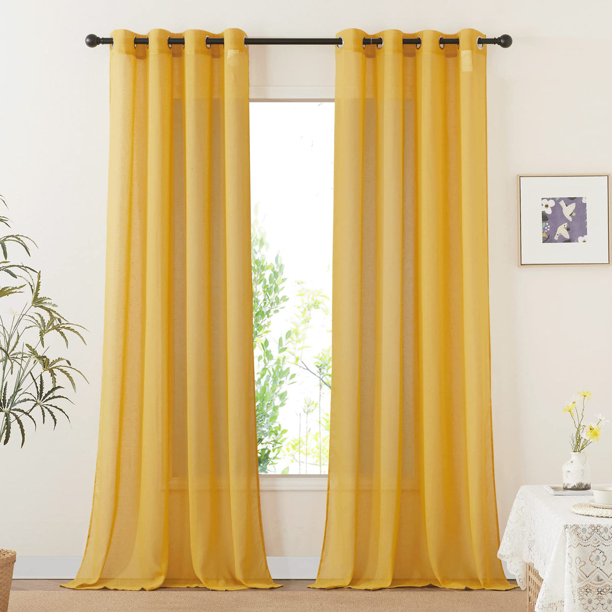 NICETOWN White Sheer Linen Curtains for Living Room 84 inch Length 2 Panels Set, Grommet Semi Sheer Privacy with Light Filtering Flax Window Treatments for Bedroom, W52 x L84