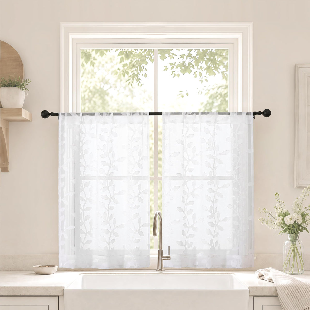 White Sheer Curtains 84 Inches Long - Light Filtering Leaf Jacquard Textured Semi Sheer Curtains, Rod Pocket Drapes for Living Room Bedroom 2 Panels Set, 2x37Wx84L Inches