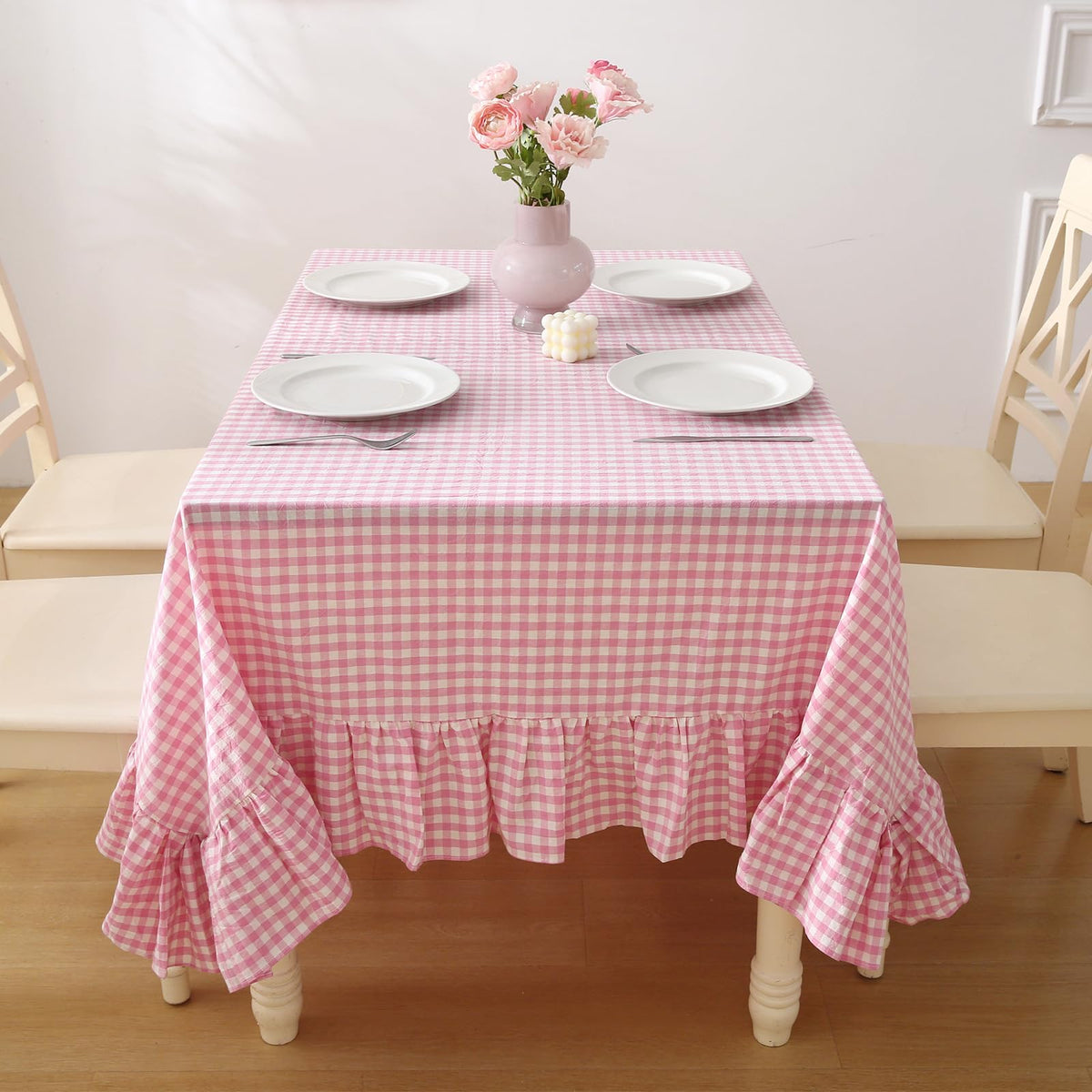 Blush White Gingham Ruffled Table Cloth Rectangular 120“x60” | 100% Washed Cotton, for Seat 8-10, Buffet Picnic Baby Shower Party Tablecloth, Decorative Checker Plaid Farmhouse Table Cover