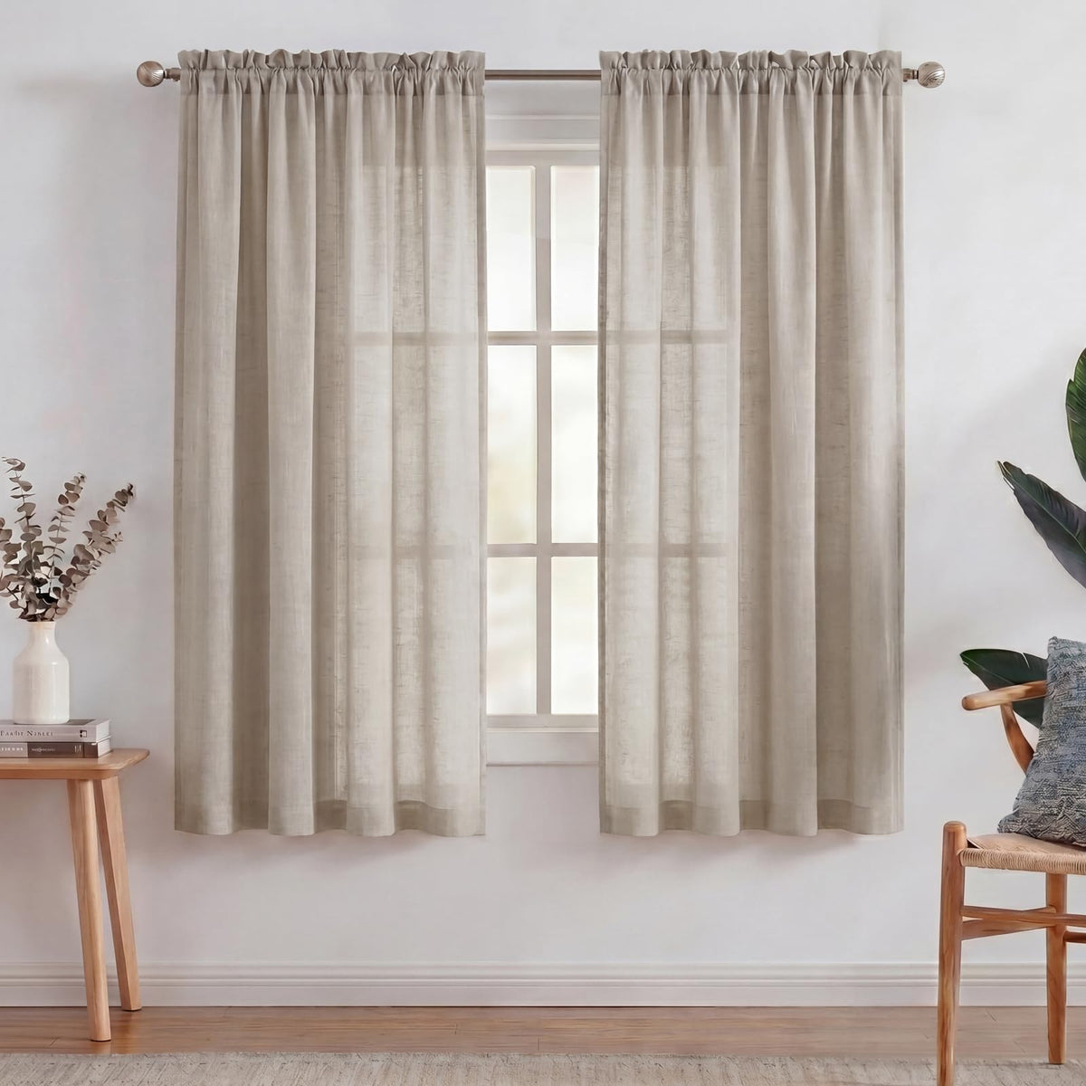Turquoize White Linen Curtains 96 Inches Long Semi Sheer Curtains Light Filtering Linen Drapes for Living Room/Bedroom 2 Panels Set Rod Pocket Window Treatments Panels,W52 x L96, White