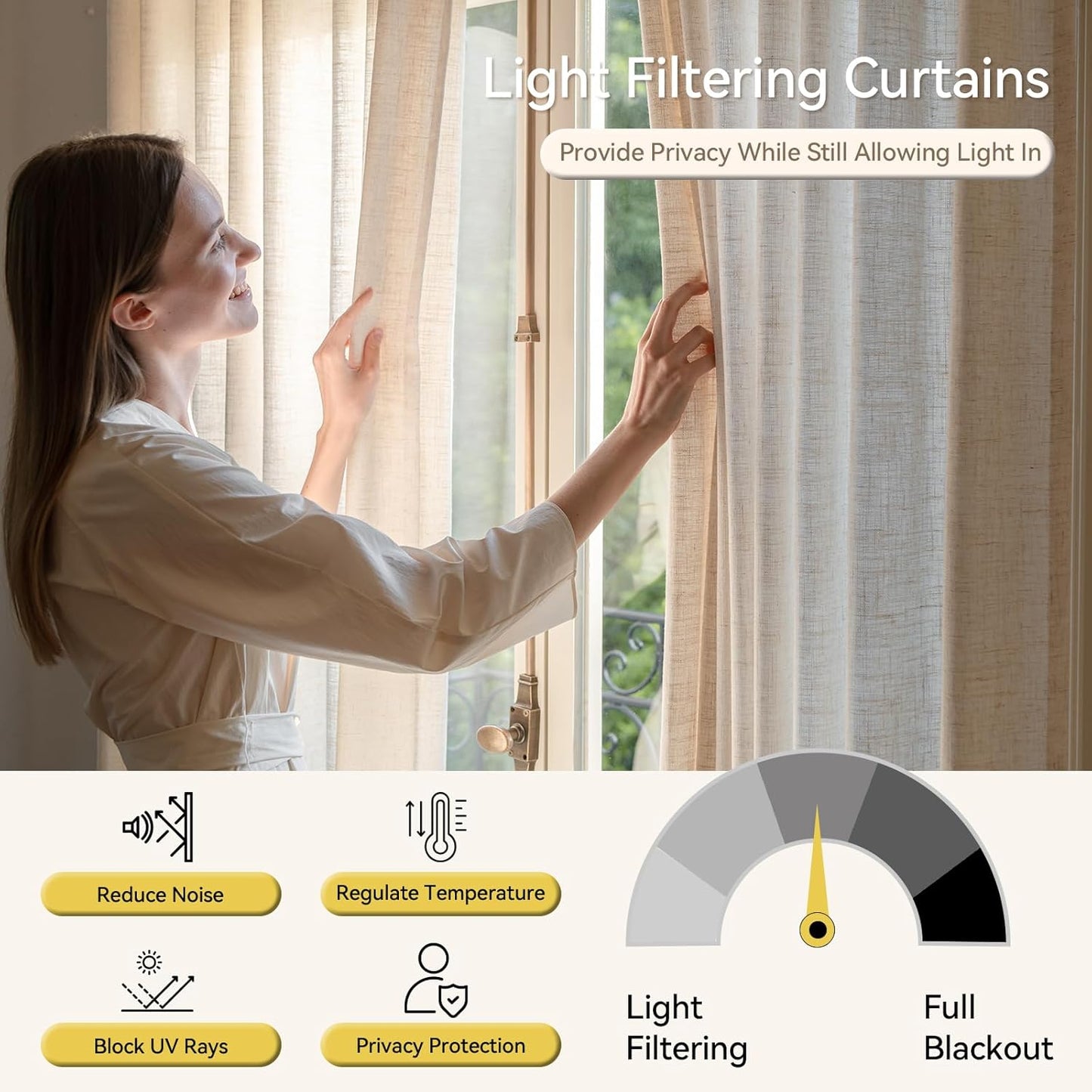Liz Sheer Pinch Pleated Linen Curtains 102 Inches Long - Light Filtering Pleat Curtains for Living Room, Window Curtains for Bedroom, Luxury Pinch Pleated Drapes with Hooks, Natural, 2 Panels Set