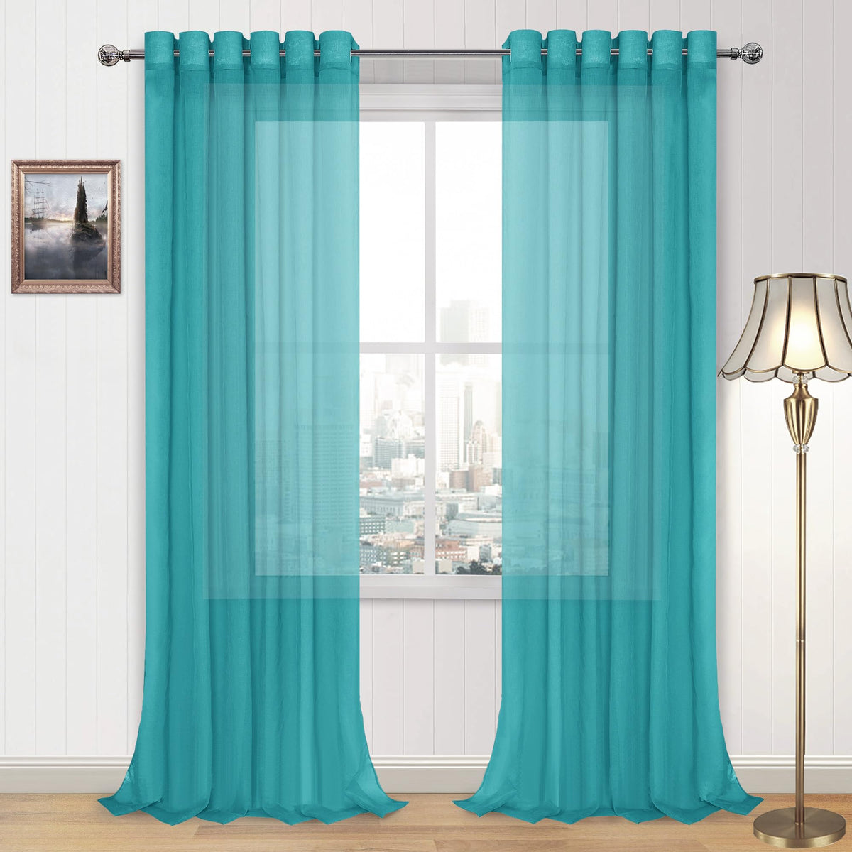 DWCN White Sheer Curtains Linen Look Semi Transparent Voile Grommet White Curtains for Living Dining Room Drapes 52 x 84 Inch Long, Set of 2 Panels