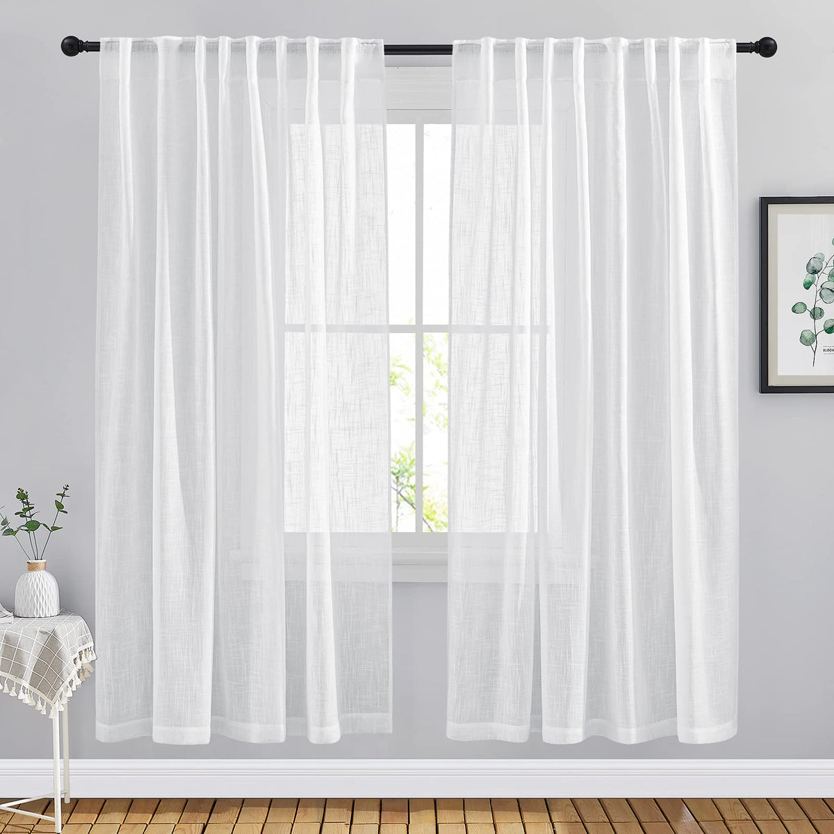 NICETOWN Flax Linen Curtains 84 inch Long, Rod Pocket & Back Tab Semi Sheer Vertical Drapes Privacy Added with Light Filtering for Bedroom/Living Room, Burlap, W52 x L84, 2 Pieces