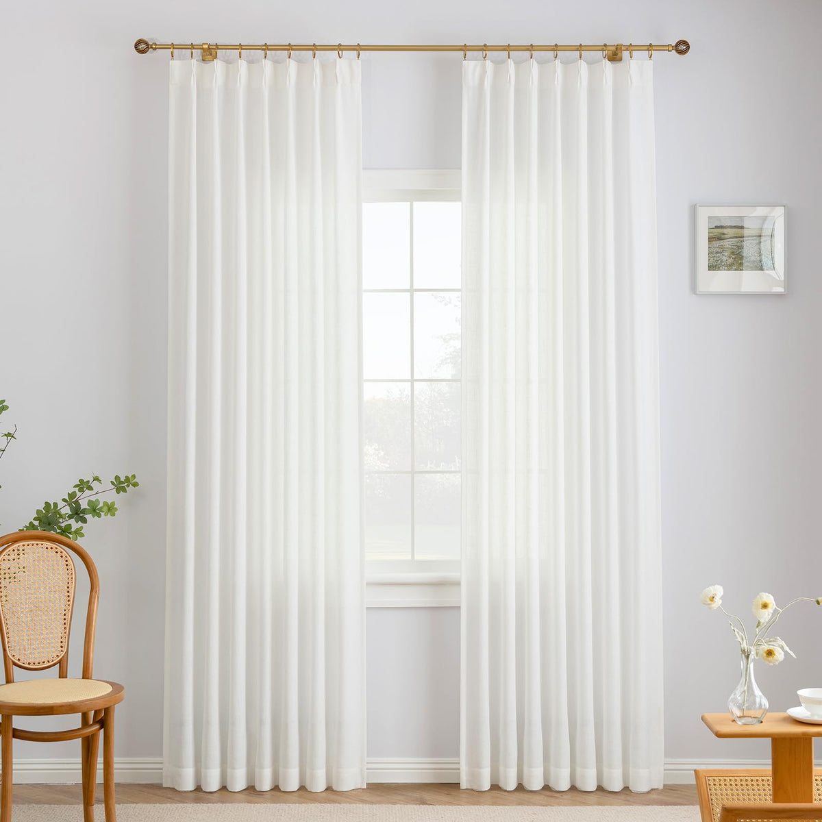 Liz Sheer Pinch Pleated Linen Curtains 102 Inches Long - Light Filtering Pleat Curtains for Living Room, Window Curtains for Bedroom, Luxury Pinch Pleated Drapes with Hooks, Natural, 2 Panels Set