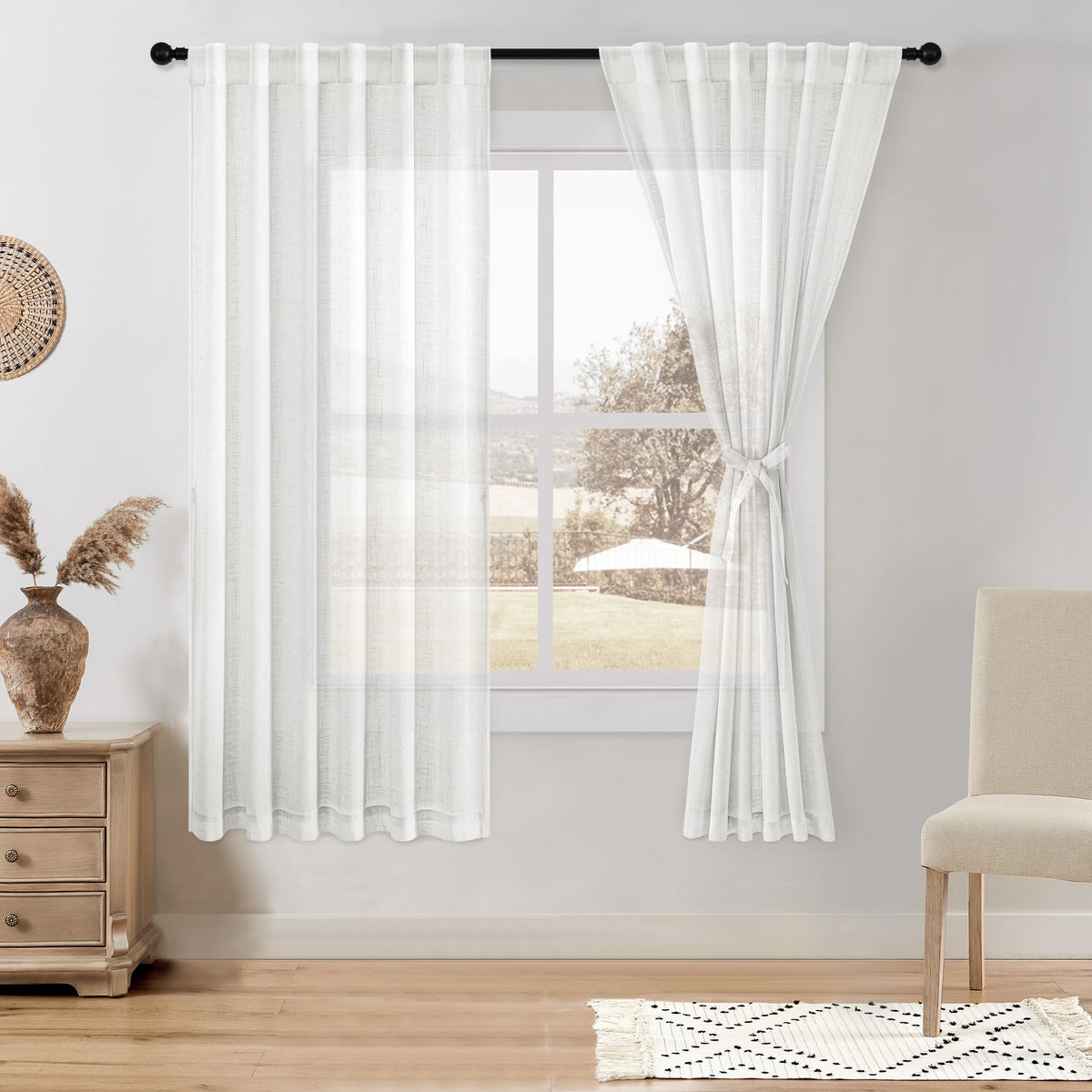 DWCN White Faux Linen Sheer Curtains, 2 Panels, 52x84 Inch | Faux Linen Textured Curtains with Rod Pocket & Back Tab, Semi Voile Light Airy Gauzy Privacy Drapes for Living Room Bedroom