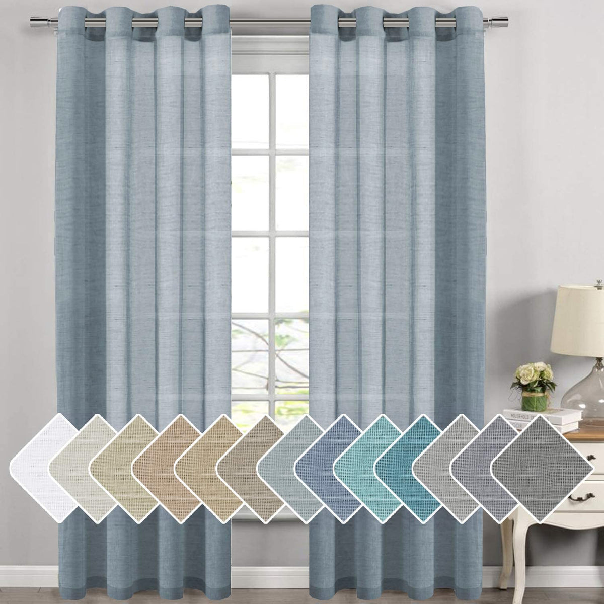 H.VERSAILTEX Natural Linen Sheer Curtains Flax Linen Blended Curtain Panels Living Room, Nickel Grommet Semitransparent Semi-Sheer Soft Privacy Drapes, Natural, 84 inches Long 2 Panels