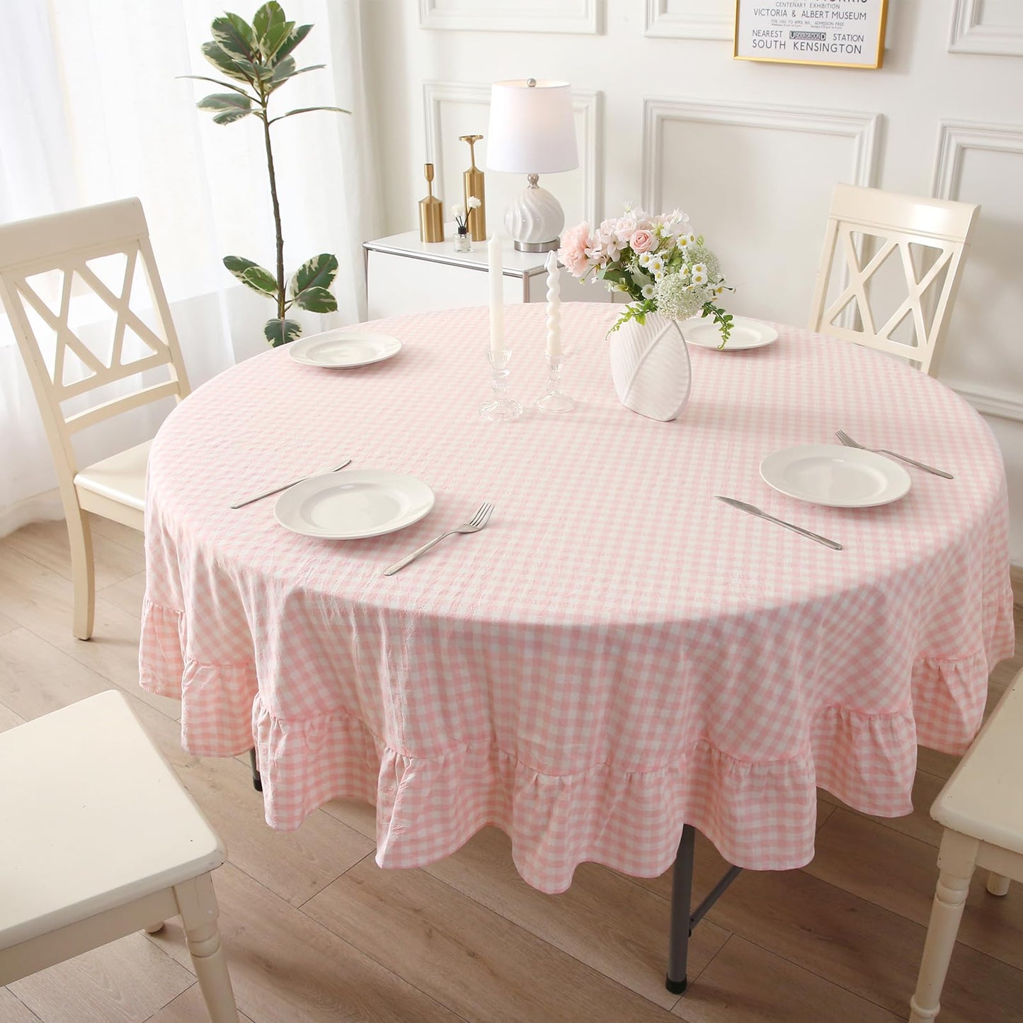 Blush White Gingham Ruffled Table Cloth Rectangular 120“x60” | 100% Washed Cotton, for Seat 8-10, Buffet Picnic Baby Shower Party Tablecloth, Decorative Checker Plaid Farmhouse Table Cover