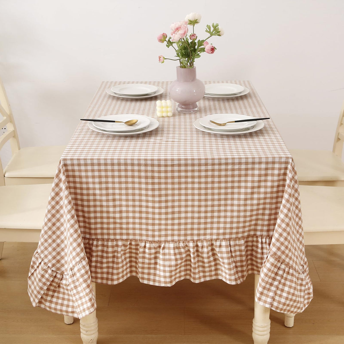 Blush White Gingham Ruffled Table Cloth Rectangular 120“x60” | 100% Washed Cotton, for Seat 8-10, Buffet Picnic Baby Shower Party Tablecloth, Decorative Checker Plaid Farmhouse Table Cover