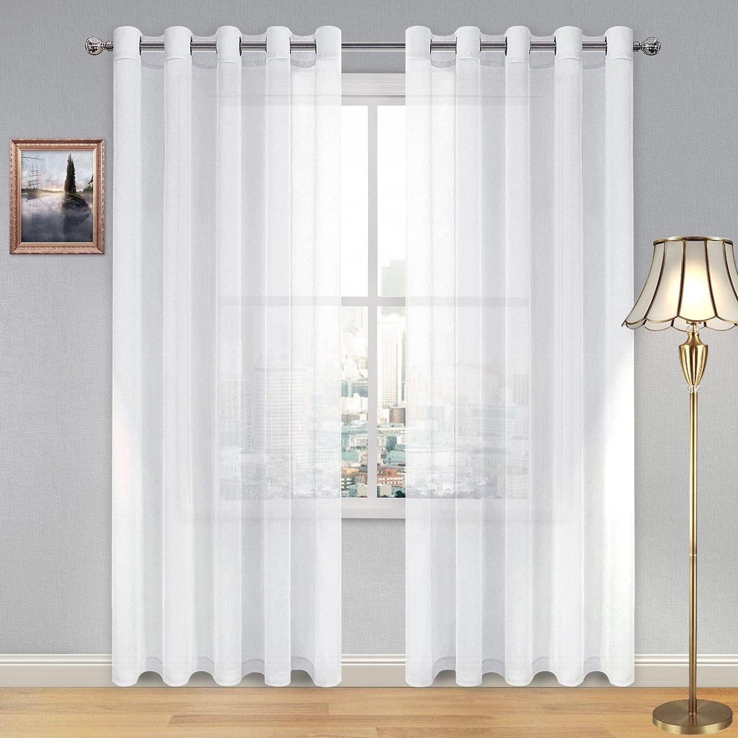 DWCN White Sheer Curtains Linen Look Semi Transparent Voile Grommet White Curtains for Living Dining Room Drapes 52 x 84 Inch Long, Set of 2 Panels