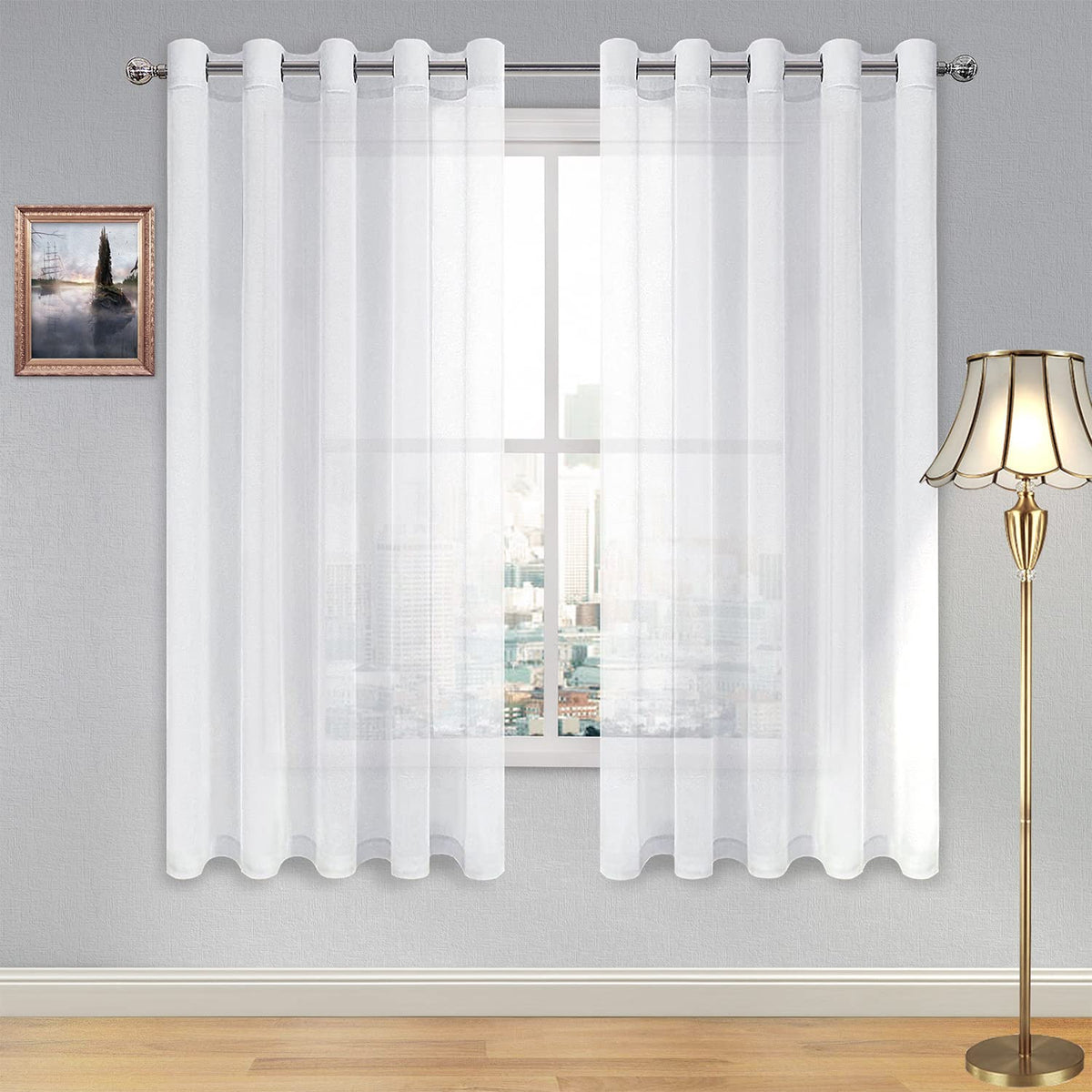 DWCN White Sheer Curtains Linen Look Semi Transparent Voile Grommet White Curtains for Living Dining Room Drapes 52 x 84 Inch Long, Set of 2 Panels