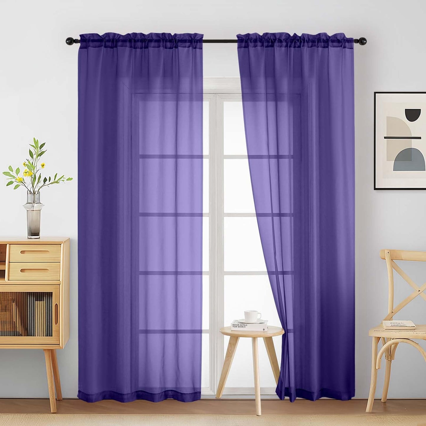 Purple Window Sheer Curtains 54 inch Length, Soft Airy Light Filtering Sheer Curtain 2 Panels Set, Dual Rod Pocket Gauze Purple Drapes for Living Room Bedroom, 2x42Wx54L Inches
