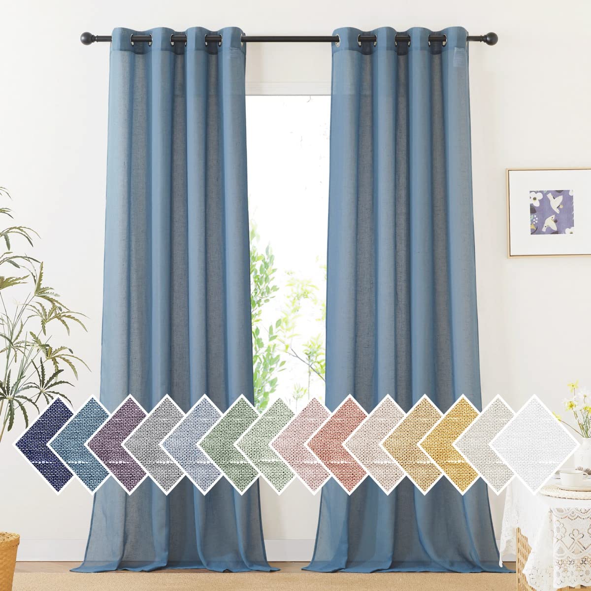NICETOWN White Sheer Linen Curtains for Living Room 84 inch Length 2 Panels Set, Grommet Semi Sheer Privacy with Light Filtering Flax Window Treatments for Bedroom, W52 x L84