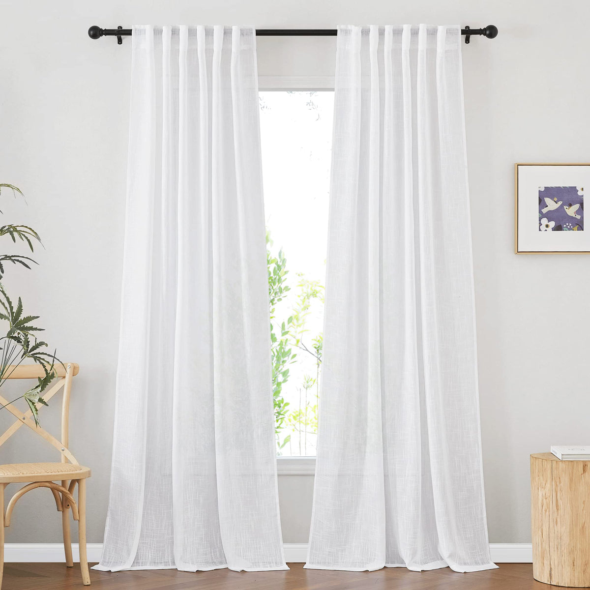 NICETOWN White Linen Sheer Curtains and Drapes 84 inches Long, Rod Pocket & Back Tab semitransparent with Light Through Vertical Window Treatments for Sliding Glass Door & Living Room, 52"W, Set of 2
