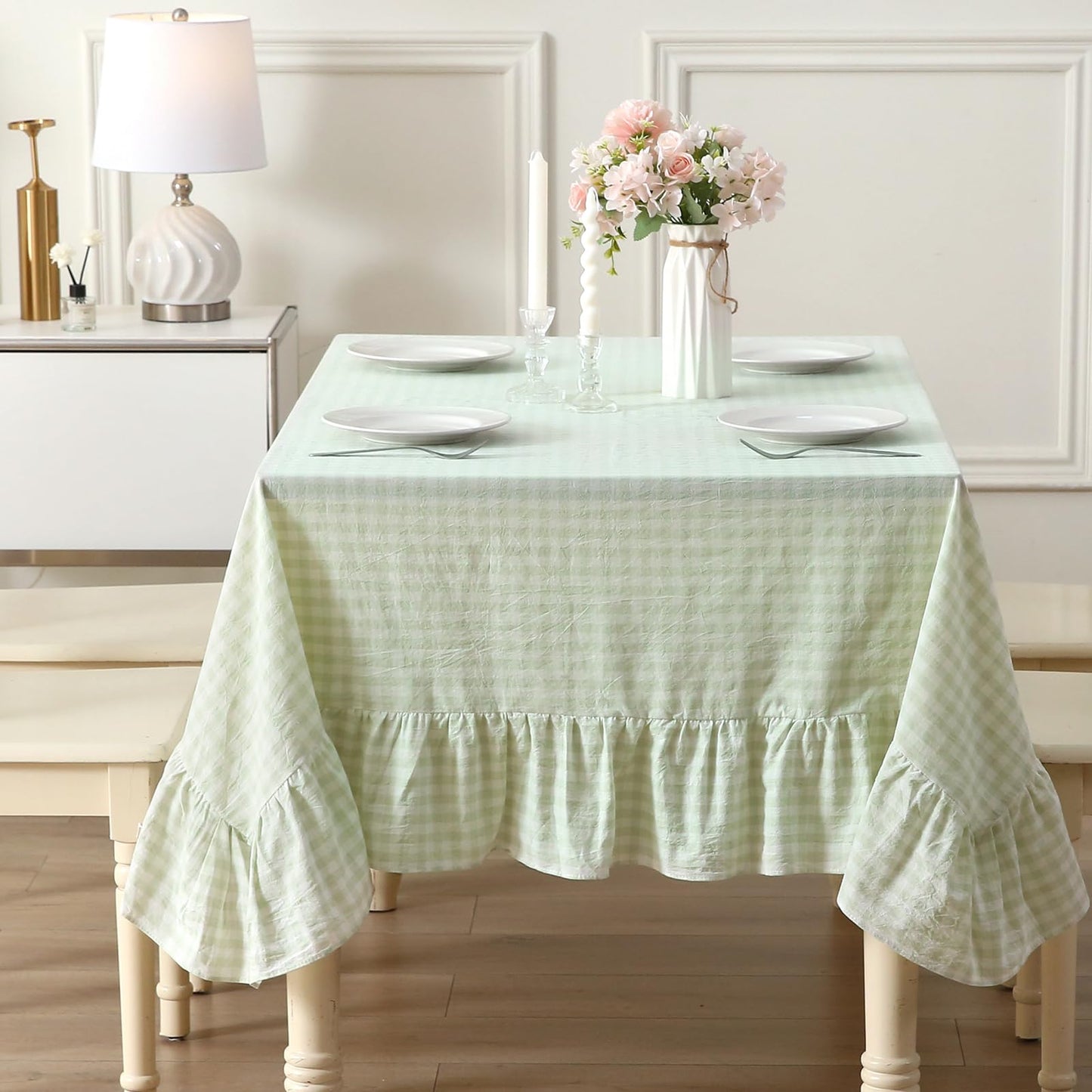 Blush White Gingham Ruffled Table Cloth Rectangular 120“x60” | 100% Washed Cotton, for Seat 8-10, Buffet Picnic Baby Shower Party Tablecloth, Decorative Checker Plaid Farmhouse Table Cover