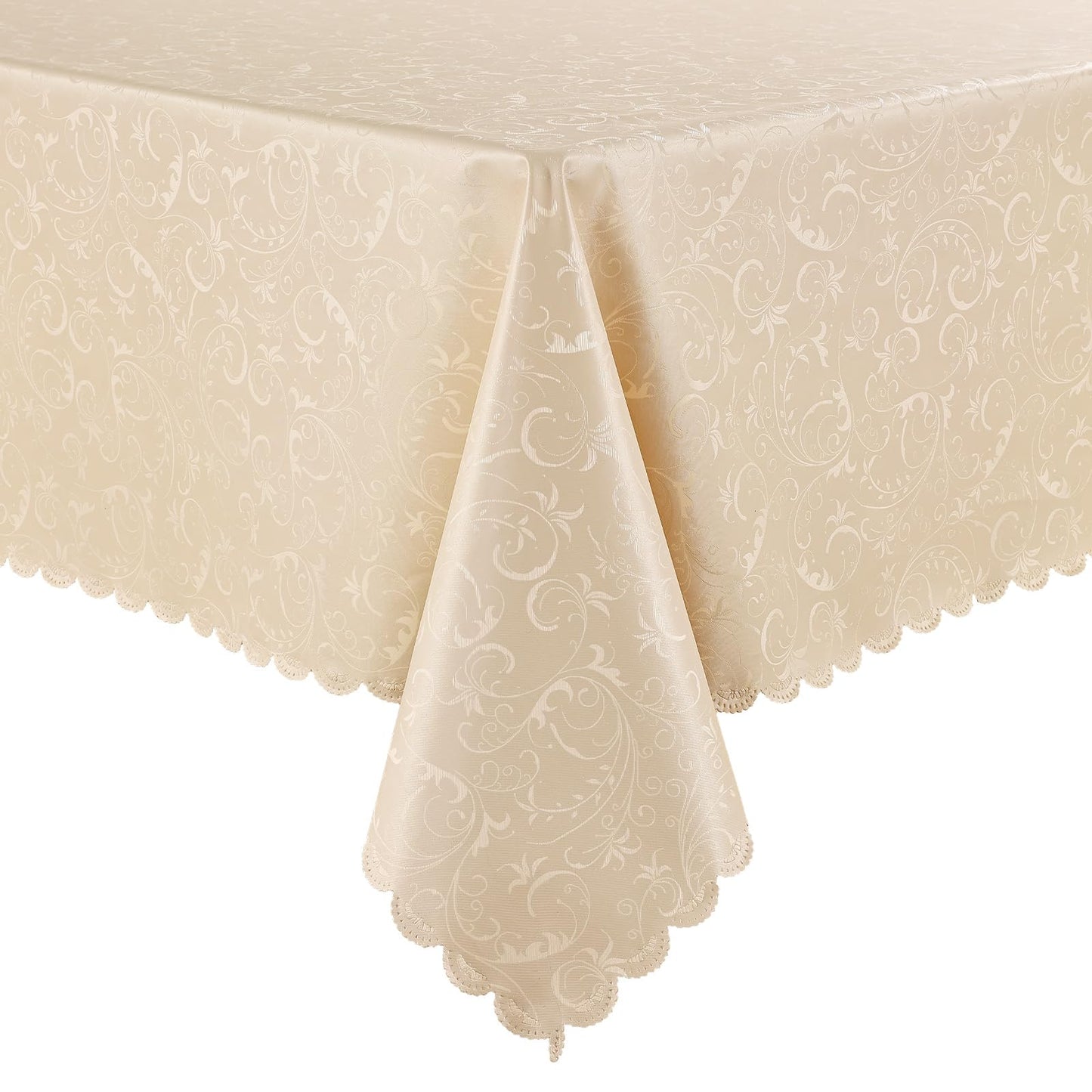 Smiry Rectangle Waterproof Heavy Duty Vinyl Tablecloths, 60 x 84 Inch | Wipeable Washable Floral Embossed Table Cover for Kitchen and Dining Room, Indoor & Outdoor Use, Beige