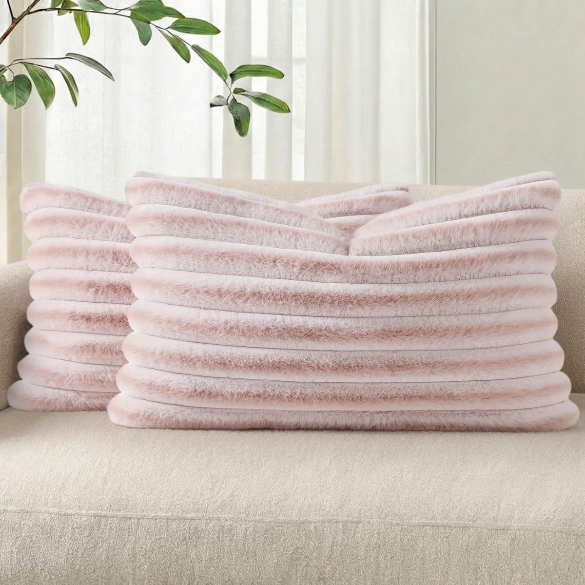 Pallene Faux Fur Decorative Throw Pillow Covers 18x18 Set of 2, Cream White | Luxury Plush Texture, Striped Design, Cozy Soft Touch, Modern Home Accent Decor for Couch, Sofa, Bed, Living Room