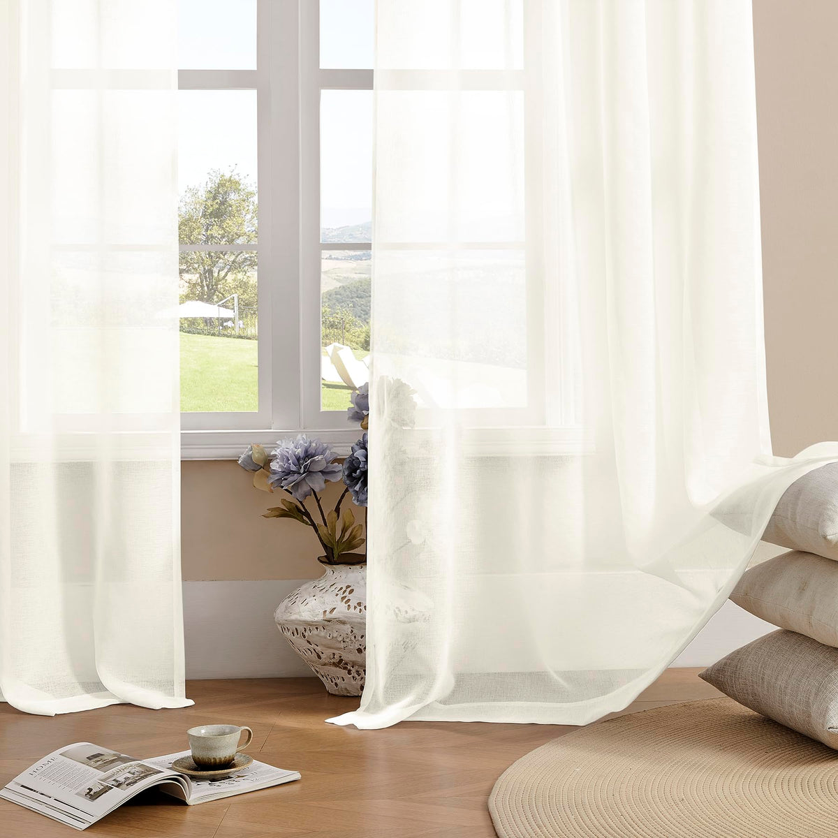 MYSTIC-HOME Sheer Curtains White 63 Inch Length, Rod Pocket Voile Drapes for Living Room, Bedroom, Window Treatments Semi Crinkle Curtain Panels for Yard, Patio, Villa, Parlor, Set of 2, 52"x 63"