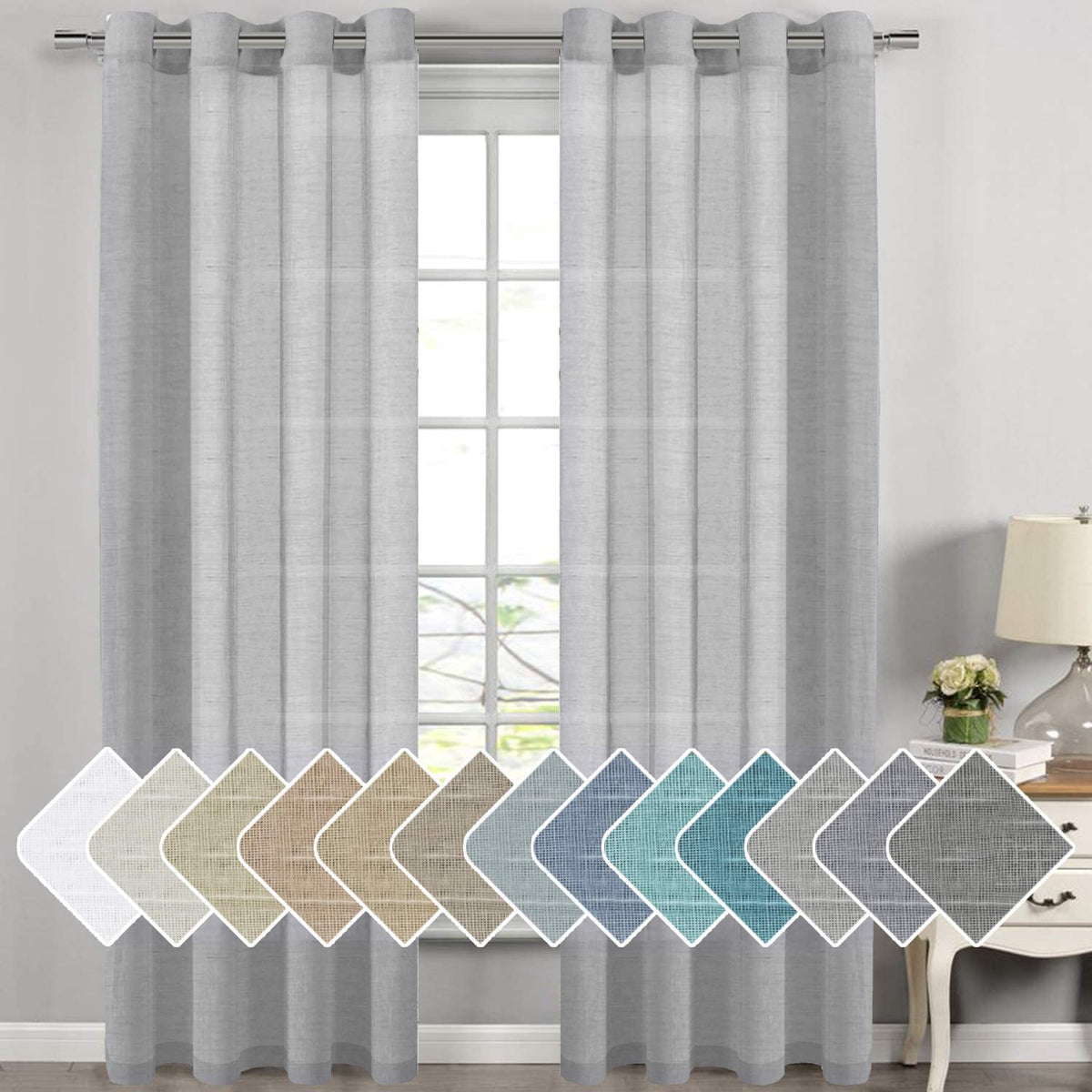 H.VERSAILTEX Natural Linen Sheer Curtains Flax Linen Blended Curtain Panels Living Room, Nickel Grommet Semitransparent Semi-Sheer Soft Privacy Drapes, Natural, 84 inches Long 2 Panels